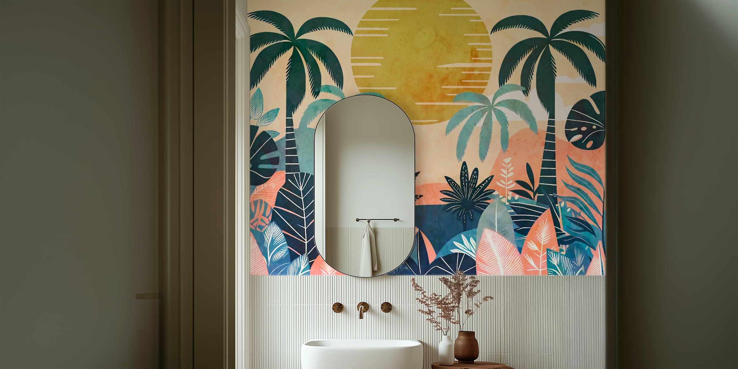 Carta da parati Boho Jungle Sunrise Watercolor in una stanza