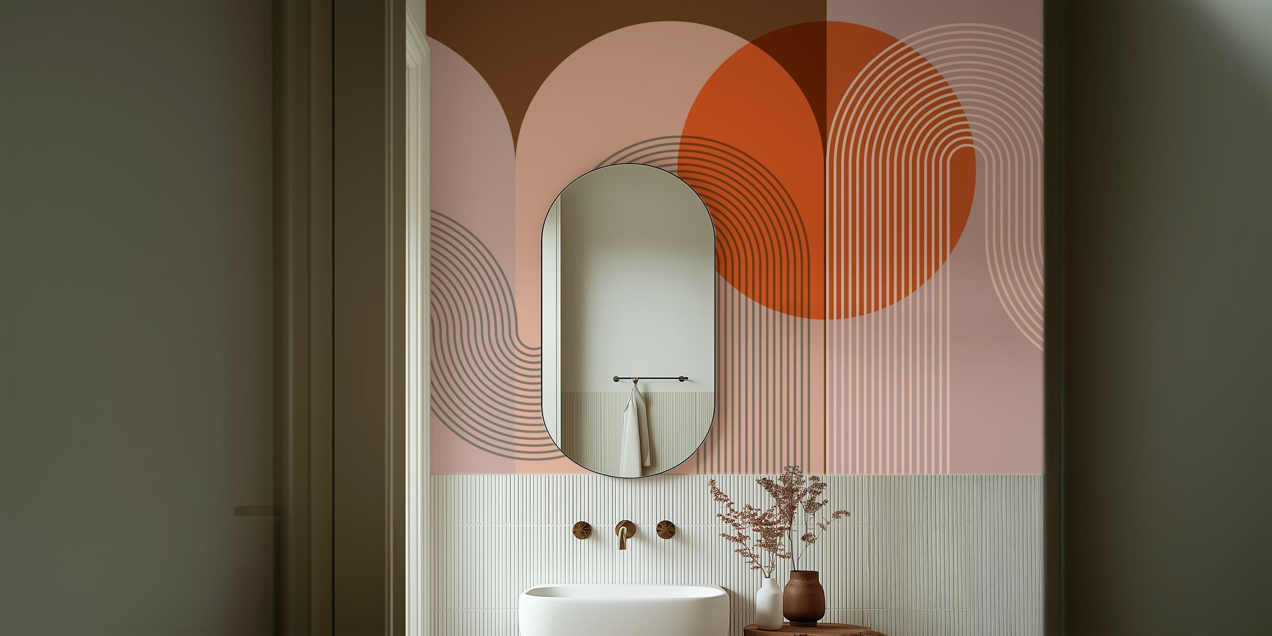 Geometric lines and shapes in warm tones on mid-century modern wallpaper