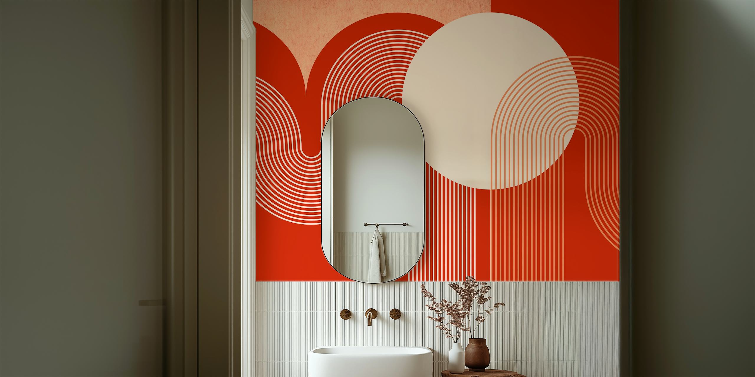 Modern Vivid Rainbow Arch Line Art carta da parati in una stanza