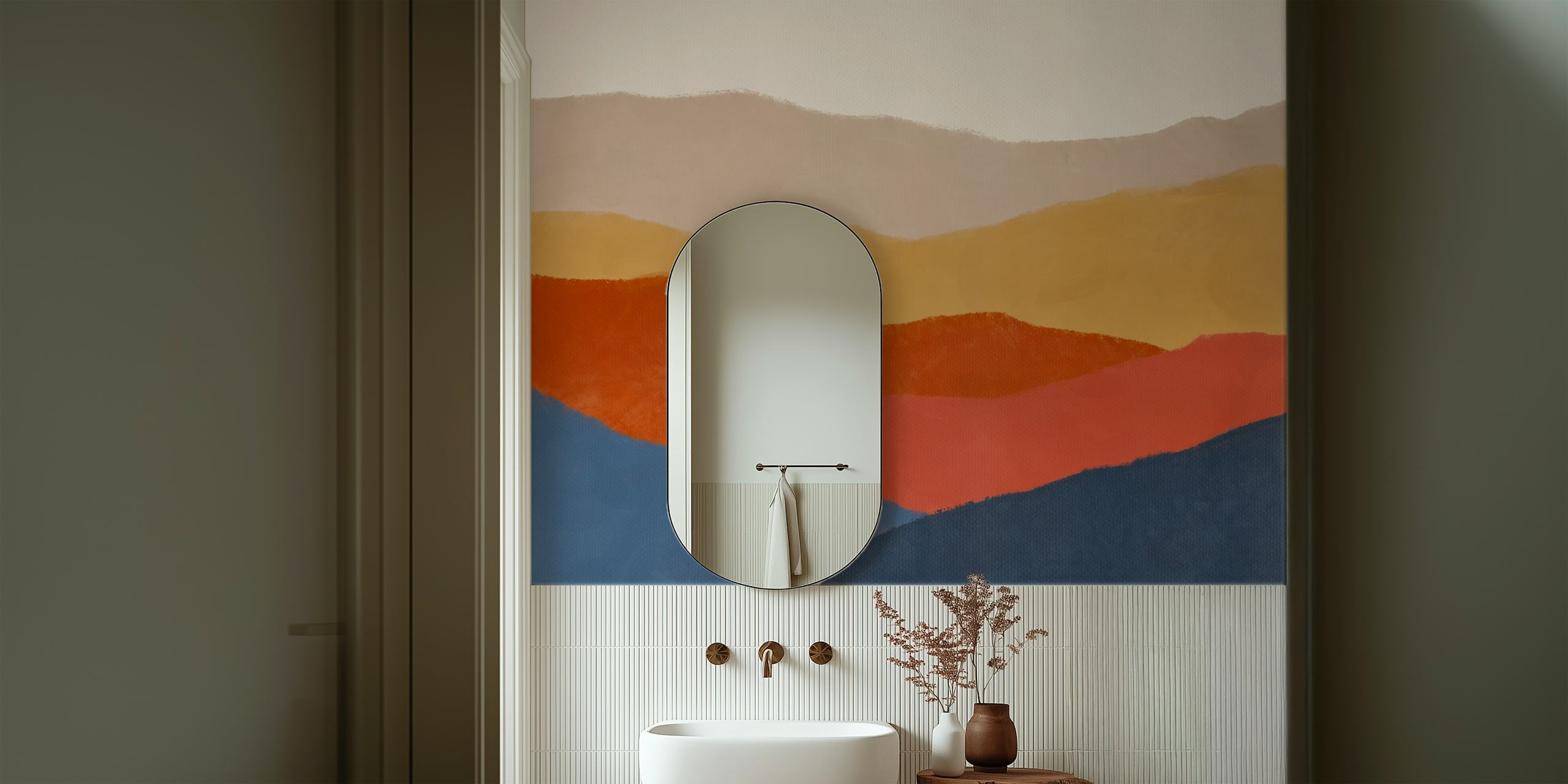 Vintage minimal mountain wallpaper in earth tones, featuring warm hues of red, brown, and blue.