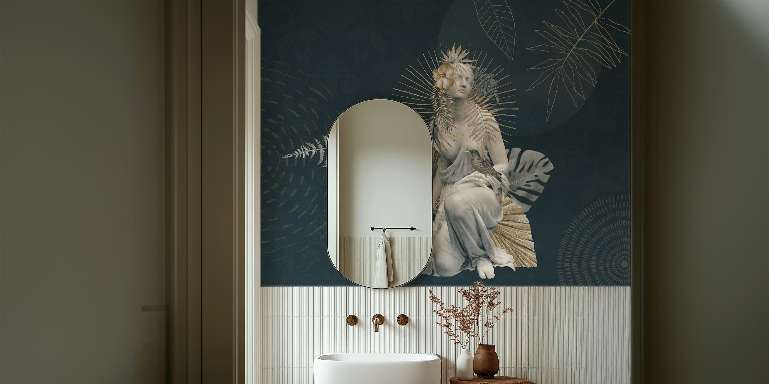 Classical statue surrounded by ferns and floral accents wallpaper
