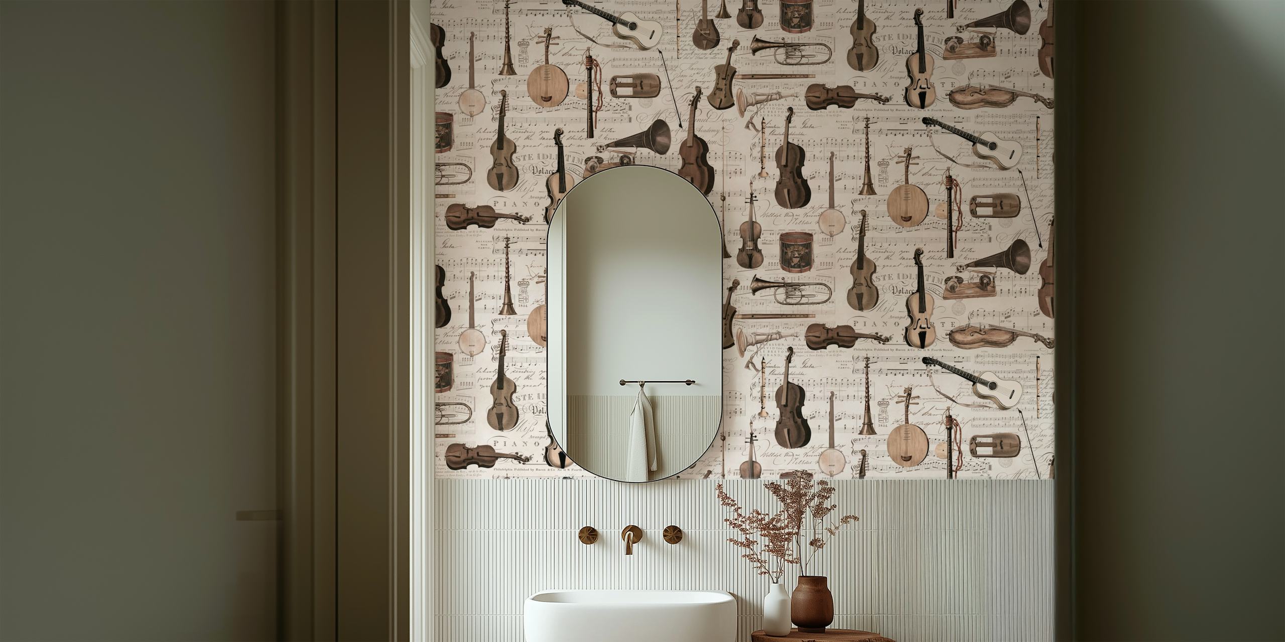 Vintage music instruments and sheet music design in brown wallpaper