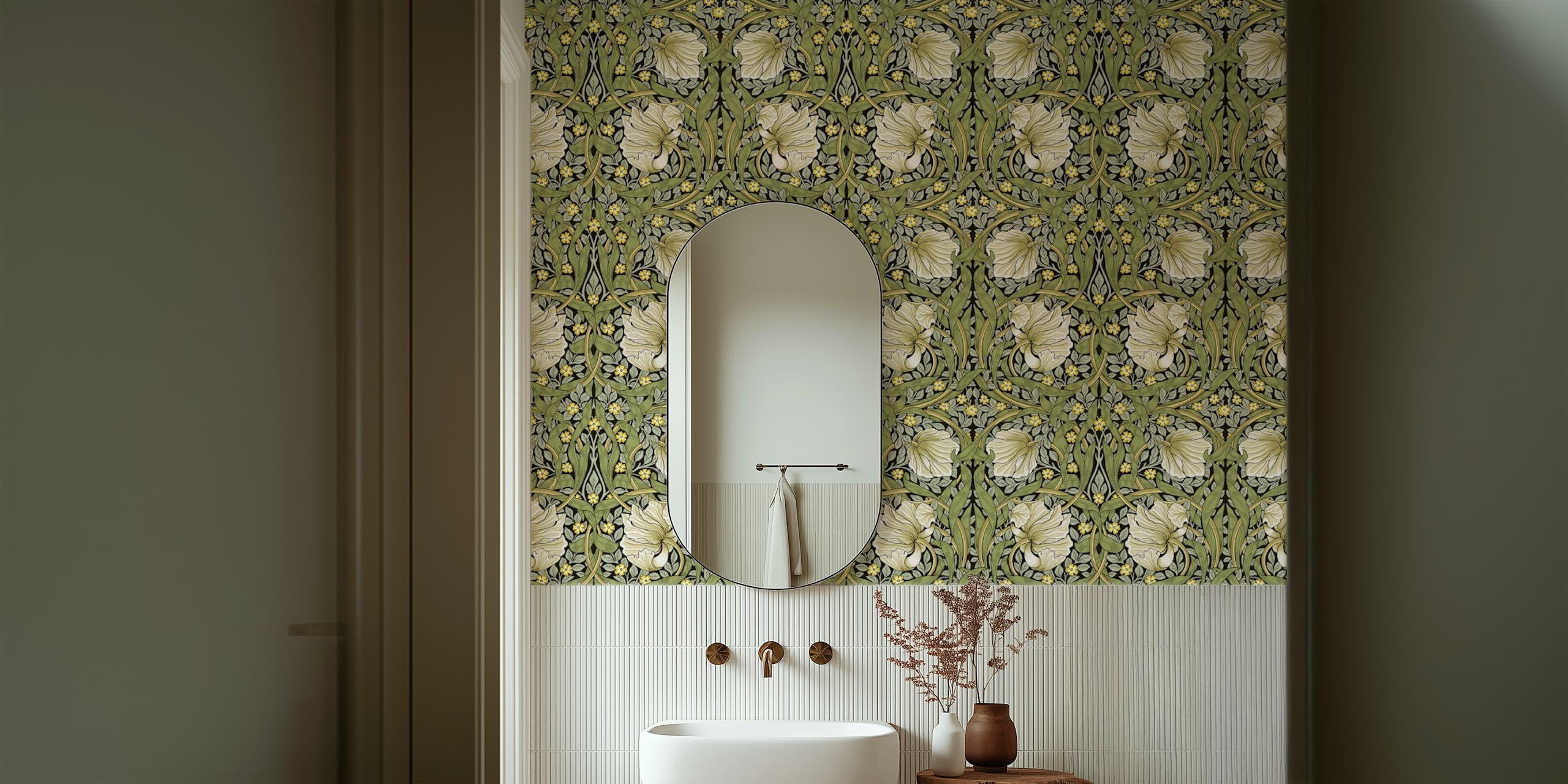 Sage green floral wallpaper with intricate cream flowers