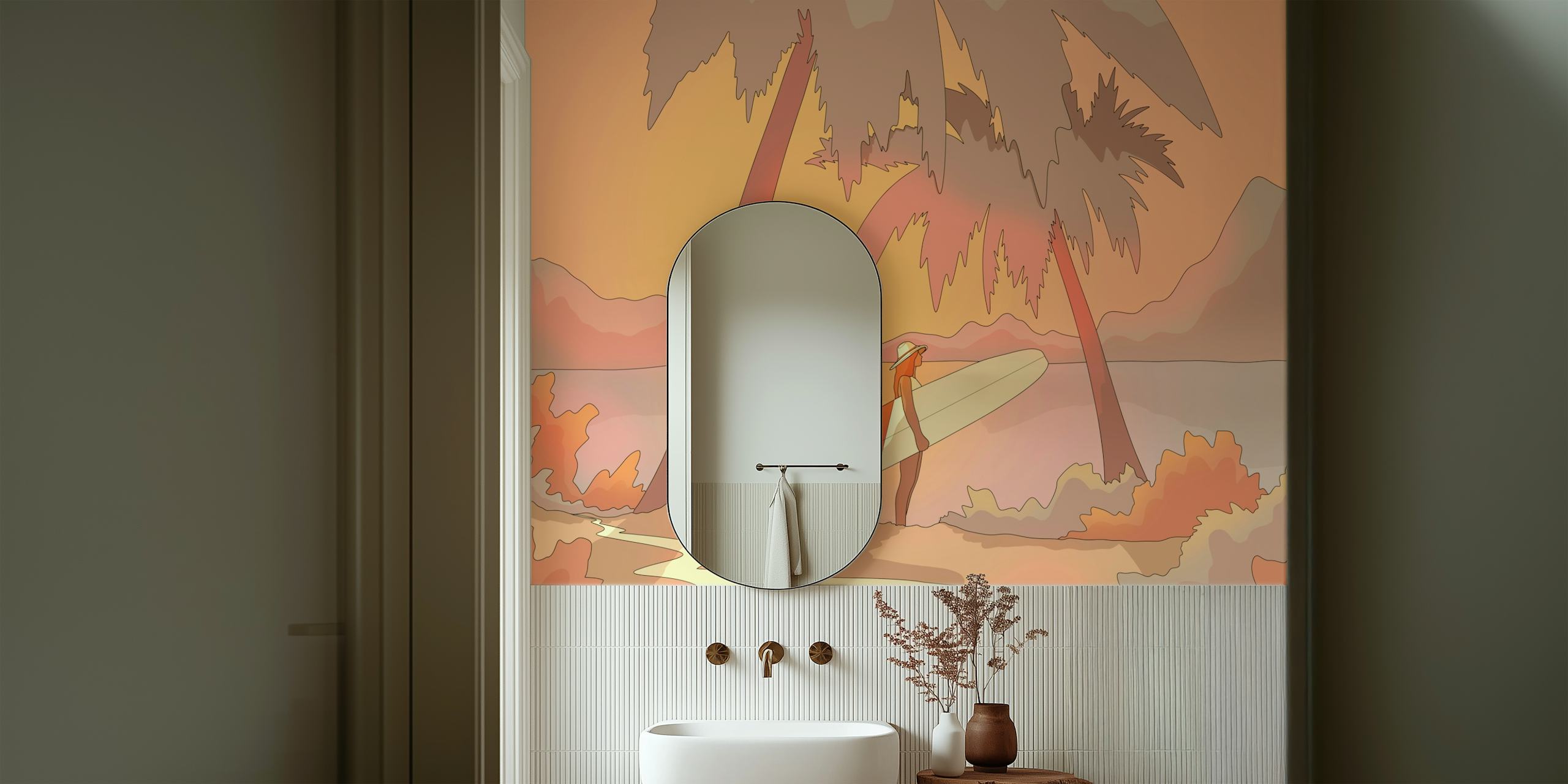 En person med et surfebrett under armen på vei mot havet med palmer og en pastellfarget solnedgang i bakgrunnen.