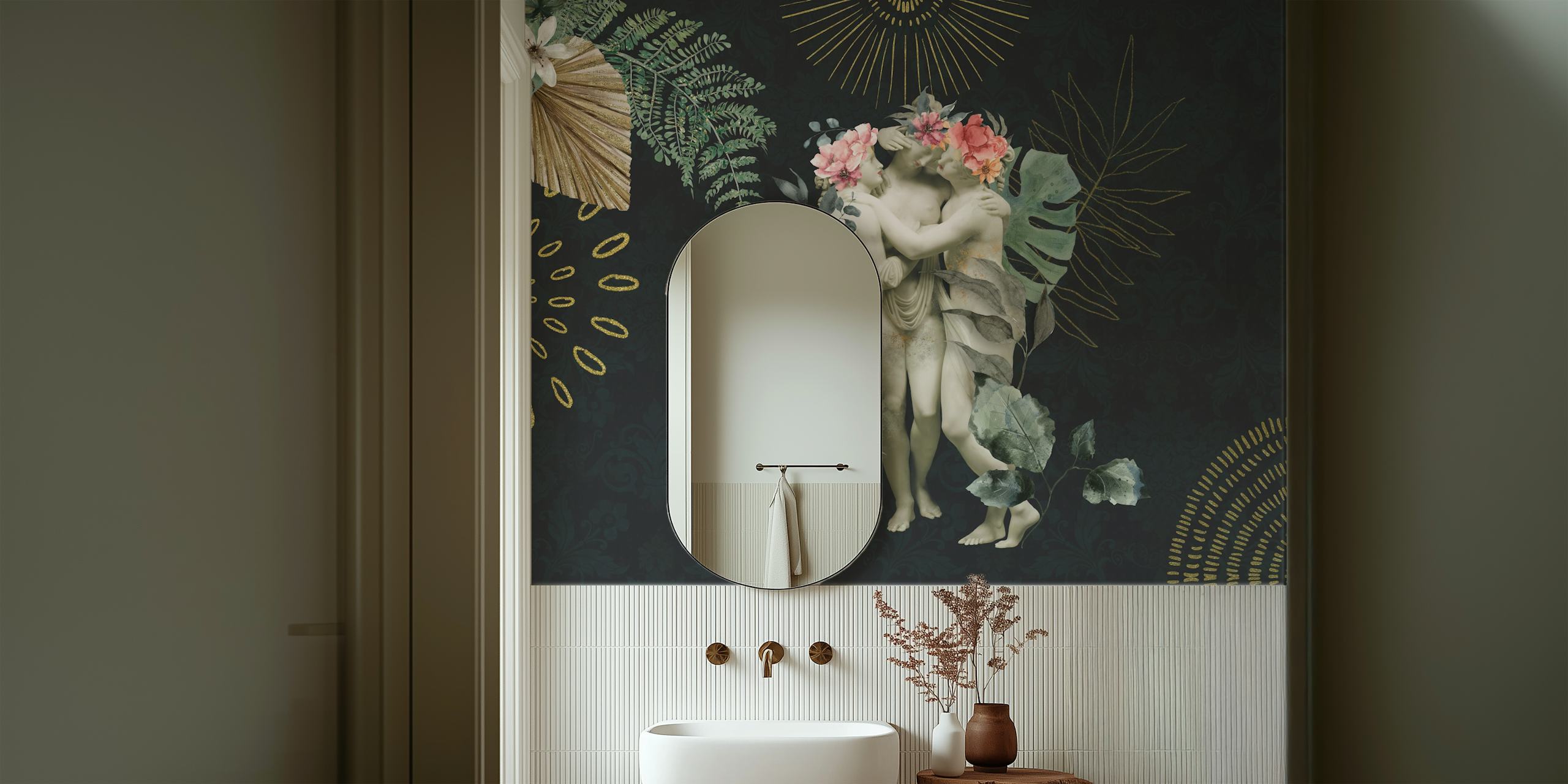 Floral marble statues wallpaper with dark background and tropical leaves