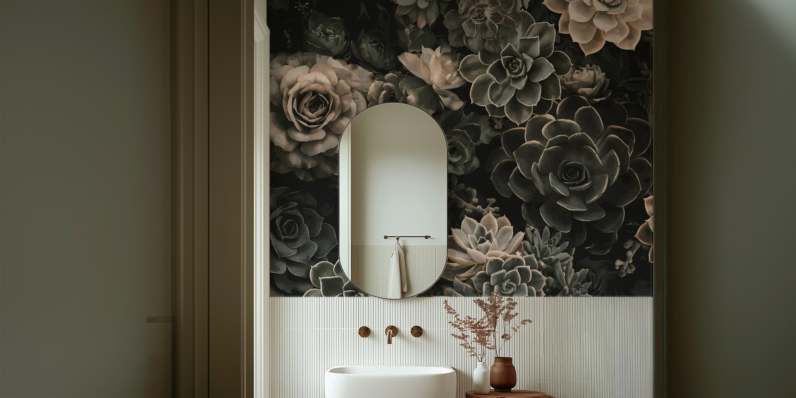 Moody floral and succulent wall mural in grey tones