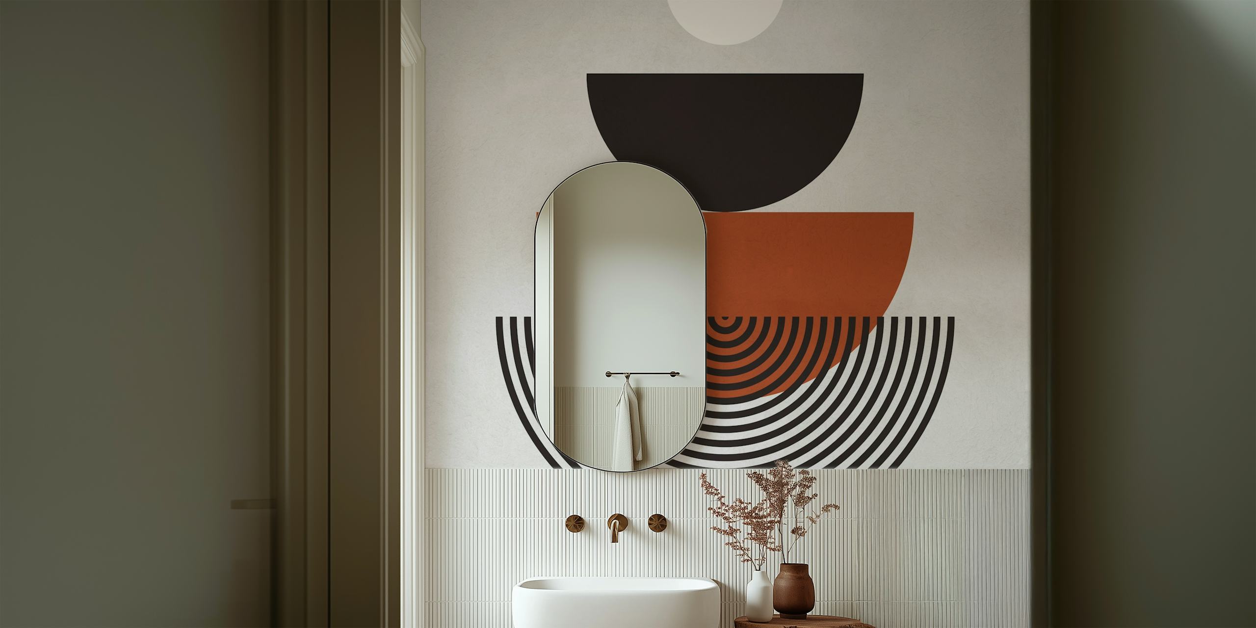 Geometric shapes with circles and lines in black, brown, and white wallpaper