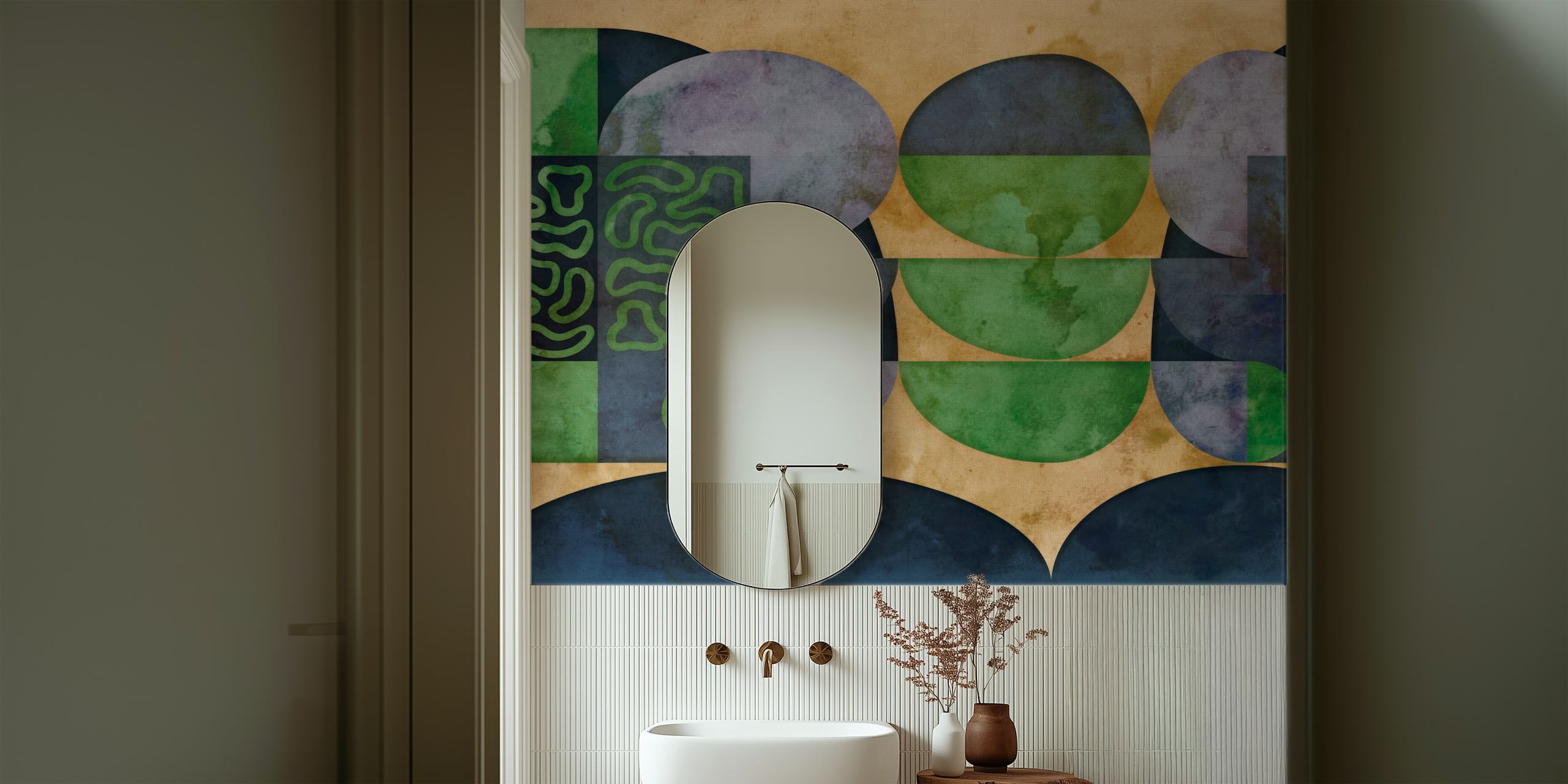 Seventies MidMod Grunge muurschildering met aardse groentinten en abstracte vormen met een vintage overlay