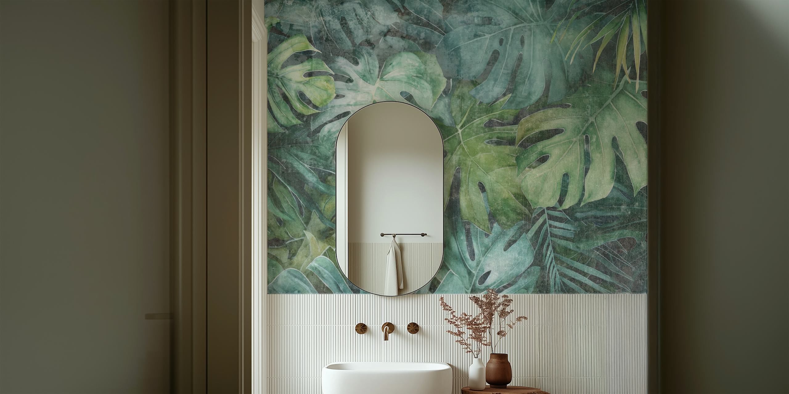 Watercolor-painted tropical jungle foliage wall mural with vivid green leaves