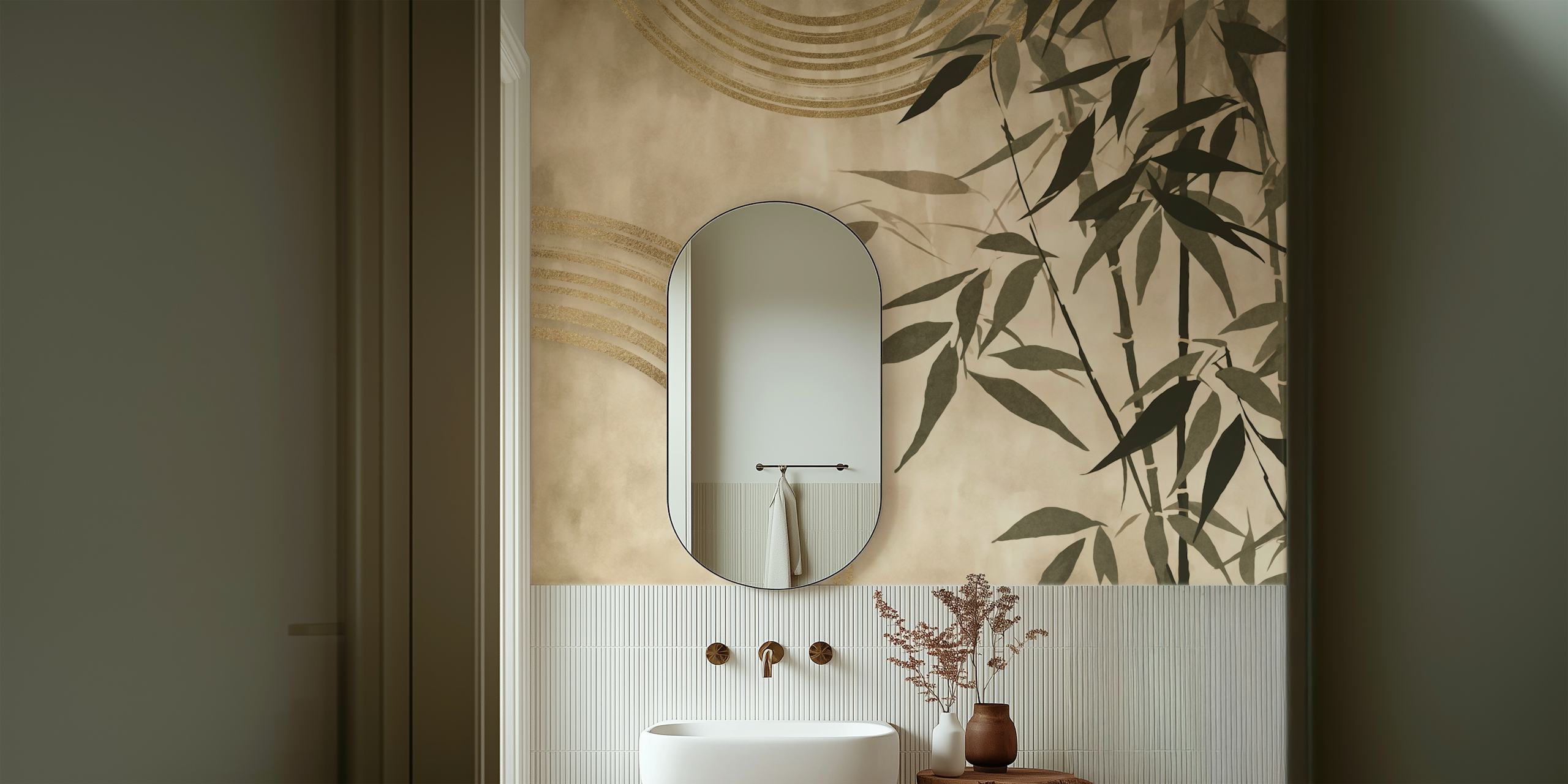 Wall mural of bamboo silhouettes with watercolor circular patterns on a creamy background