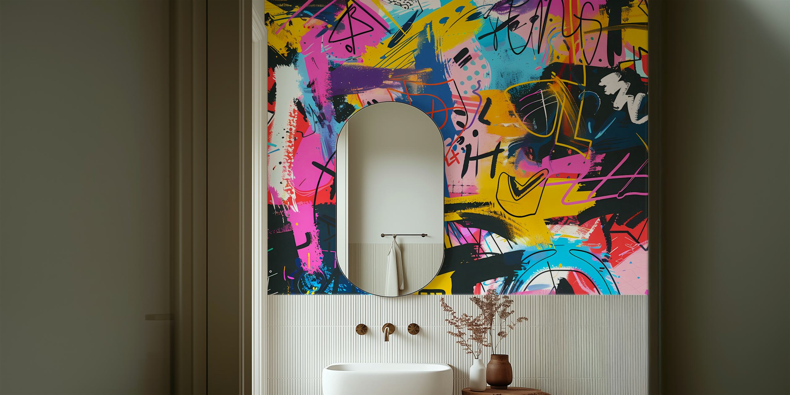 Colorful abstract graffiti patterns in pink, blue, and yellow wallpaper
