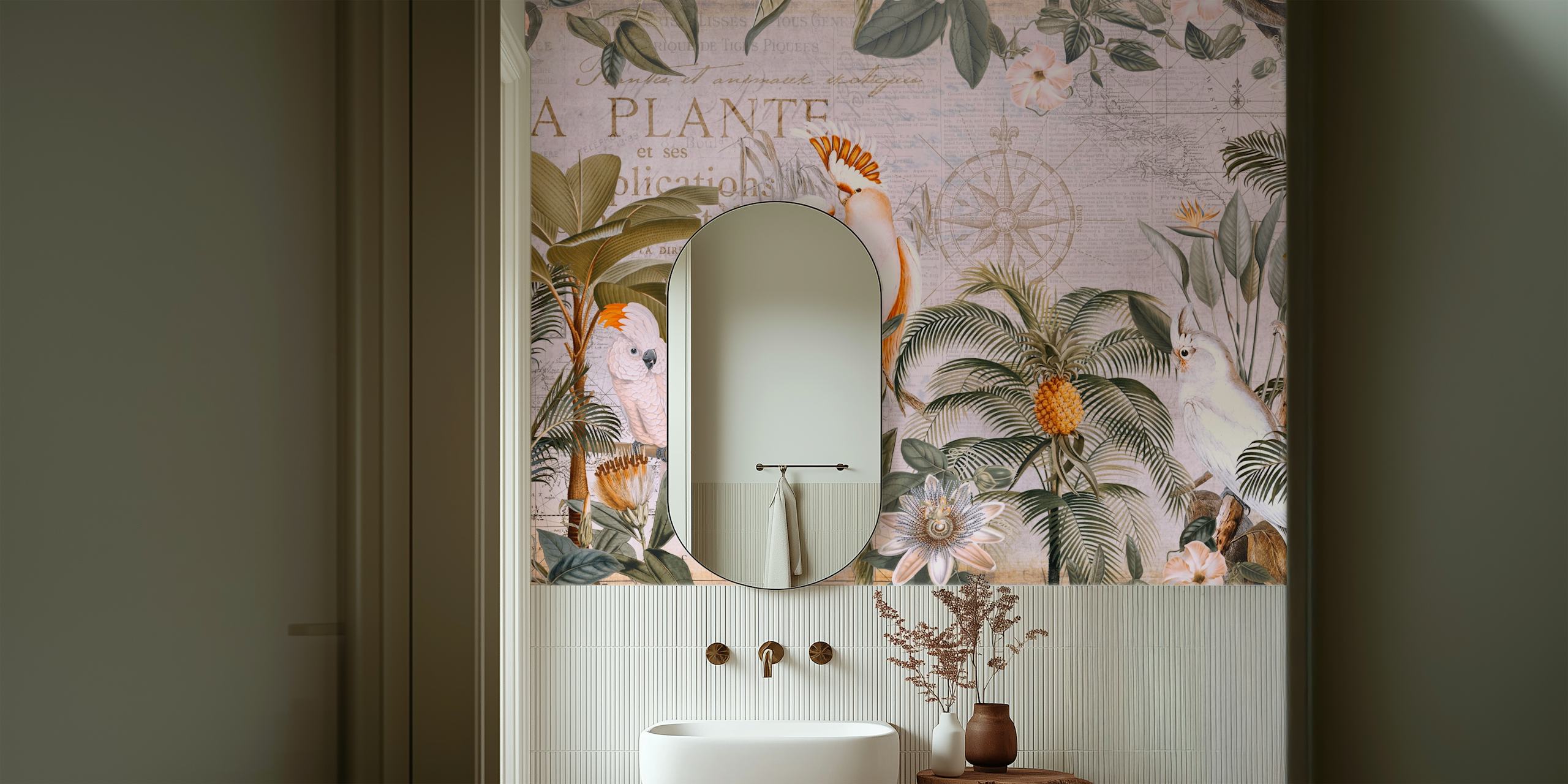 Tropical cockatoo and floral design in muted colors wallpaper