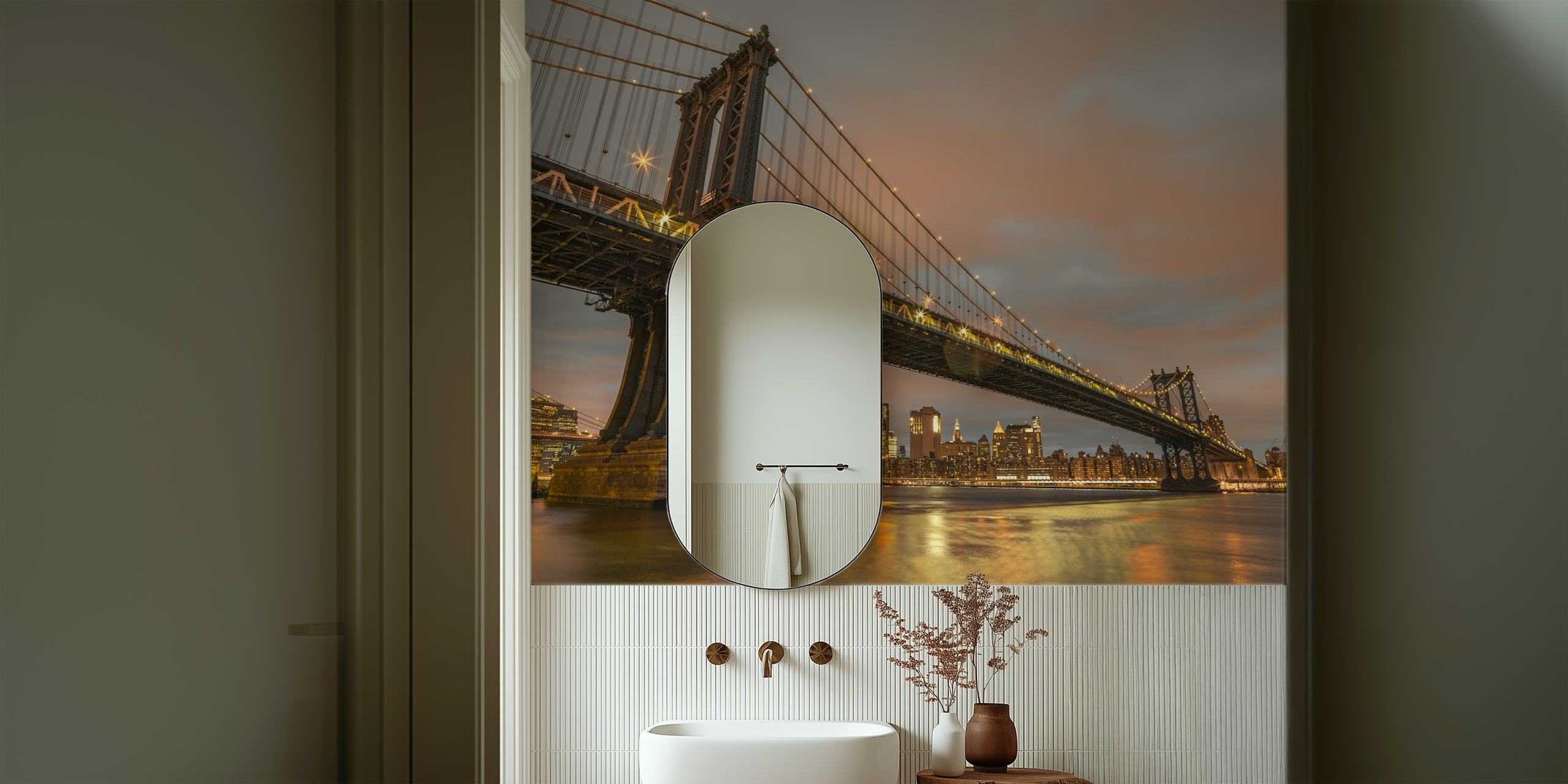 Manhattan Bridge cityscape wallpaper featuring urban skyline colors and architectural details