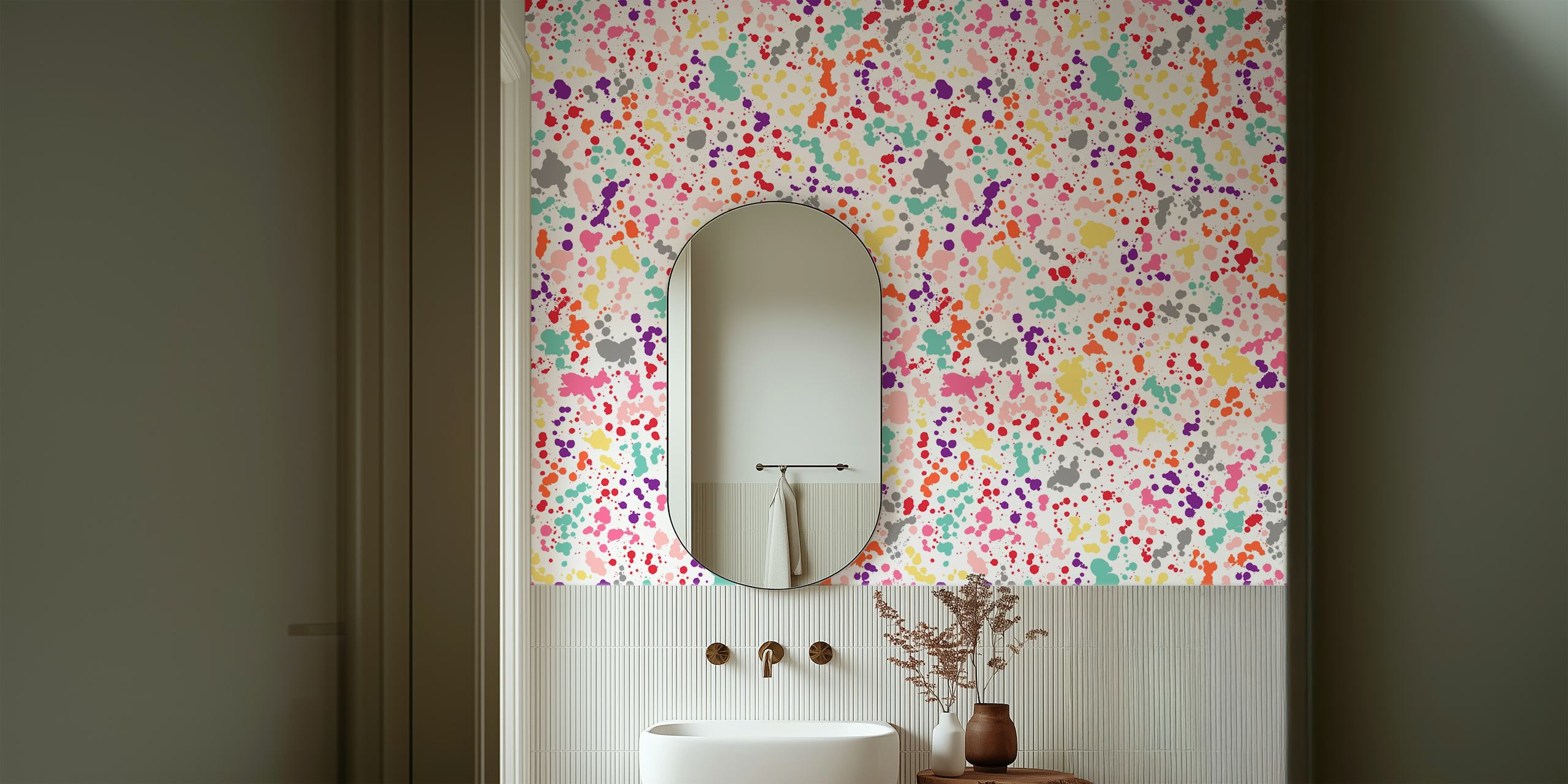 Colorful splatter wallpaper in a room