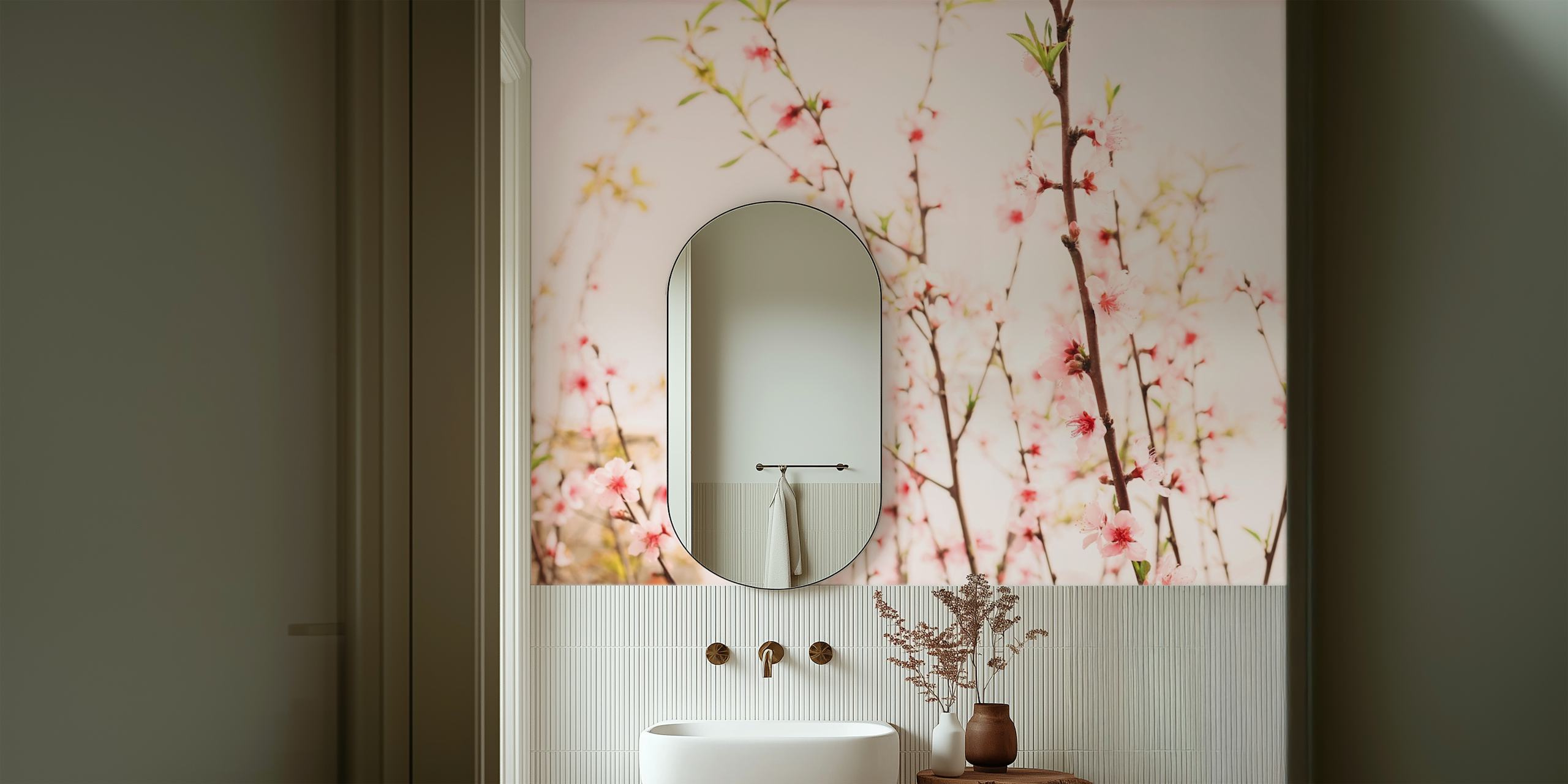 Branches with pink flowers on a light background wallpaper