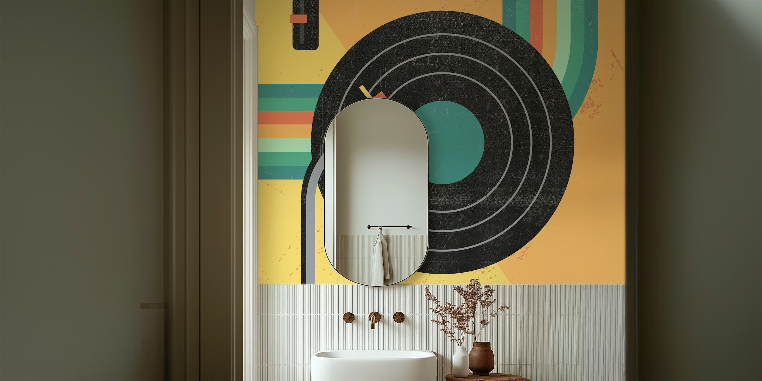 Vinyl record and turntable arm wall mural with colorful geometric background