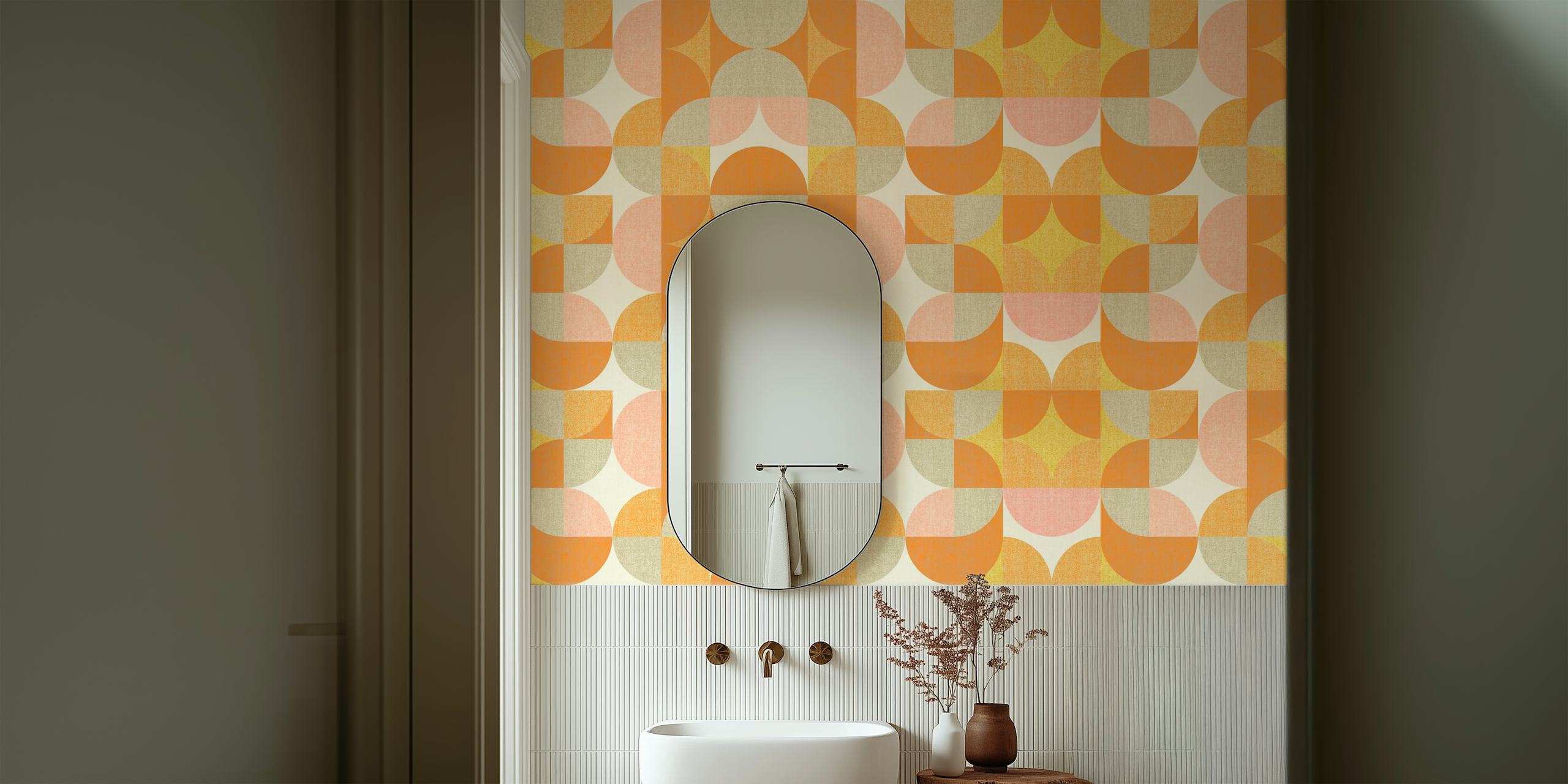 Pastellivärinen retro-geometrinen tapetti lämpimään, vintage-huoneen estetiikkaan