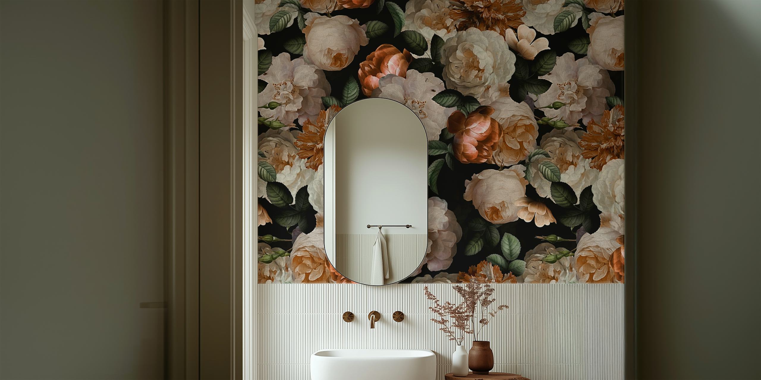 Vintage floral gold roses wallpaper with dark background