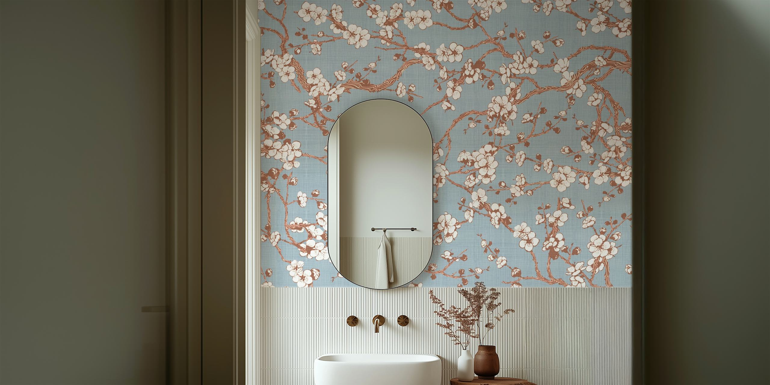 Sakura floral branches with white flowers on blue wallpaper