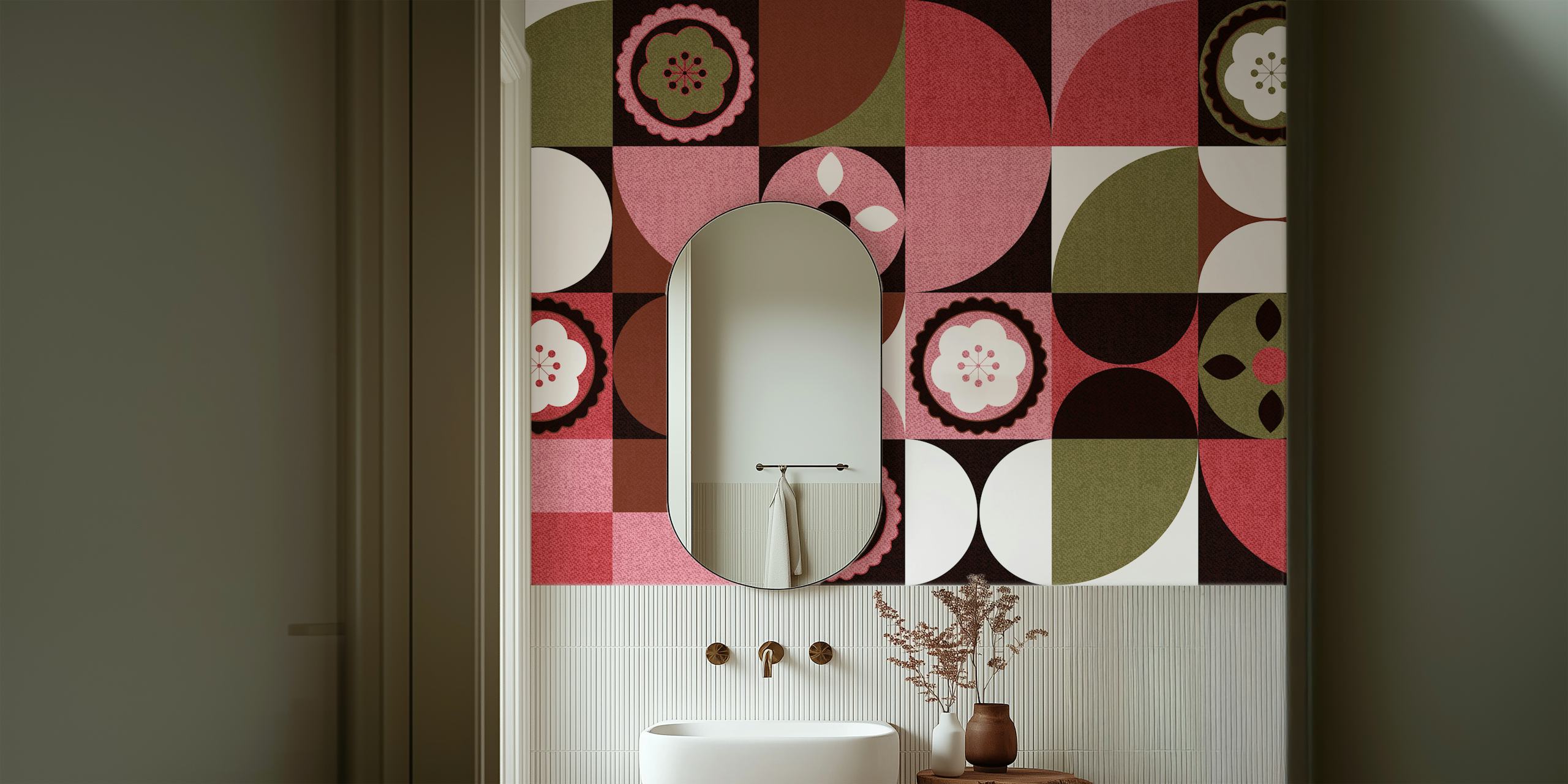 Peinture murale géométrique abstraite Scandi Floral Bauhaus avec un mélange de motifs floraux et de formes géométriques dans des tons de terre