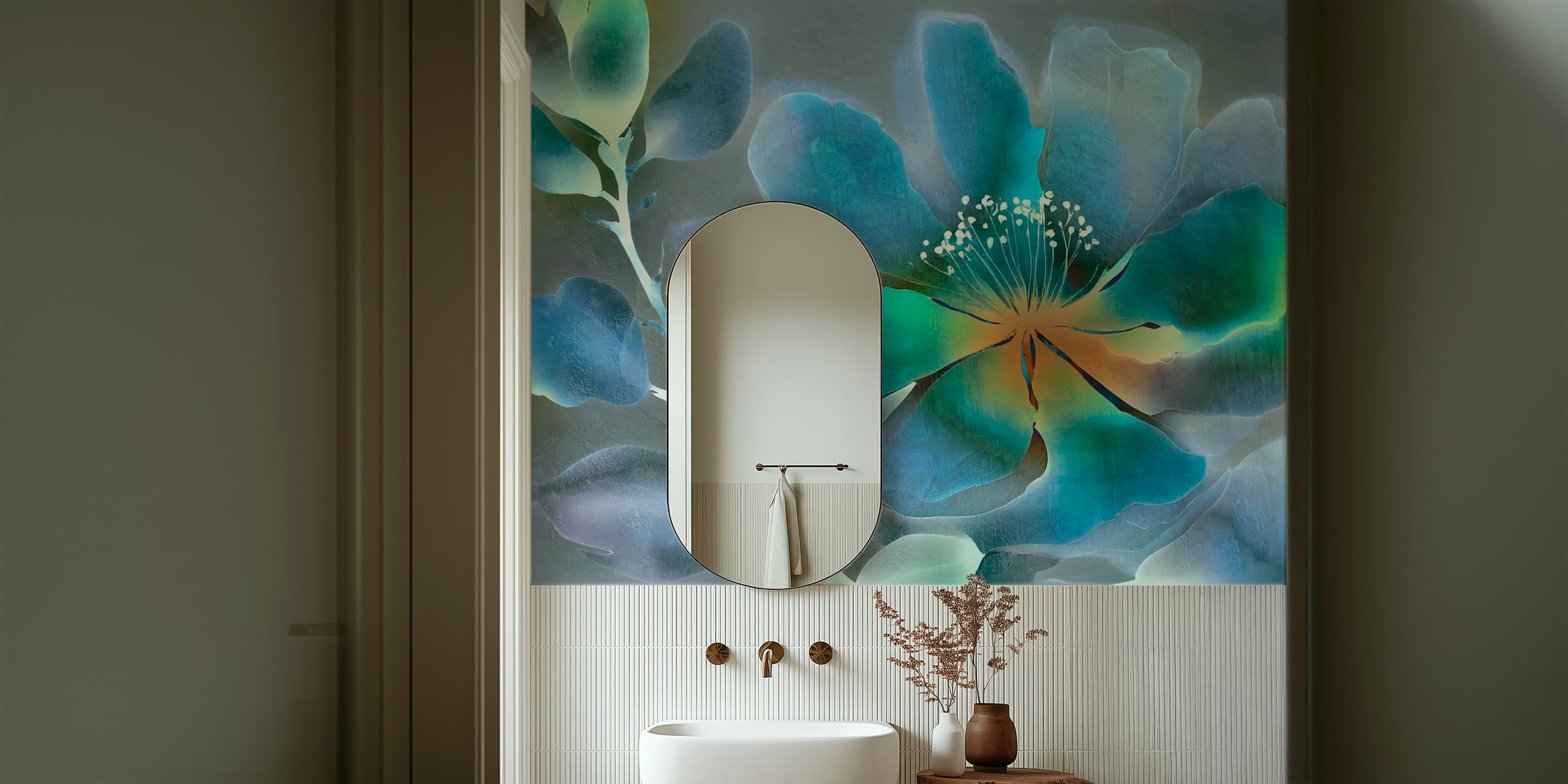 Op Azië geïnspireerde wabi-sabi bloemenmuurschildering met elegante bloemen met een rustige en natuurlijke uitstraling