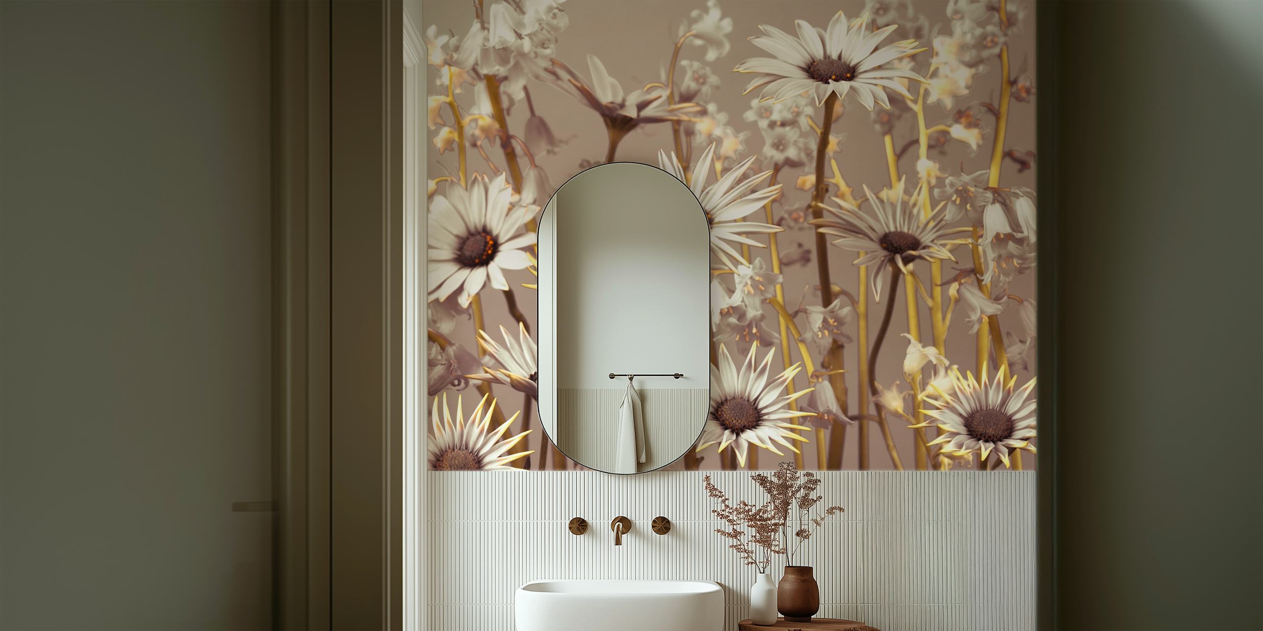 White flowers with grey background floral wallpaper