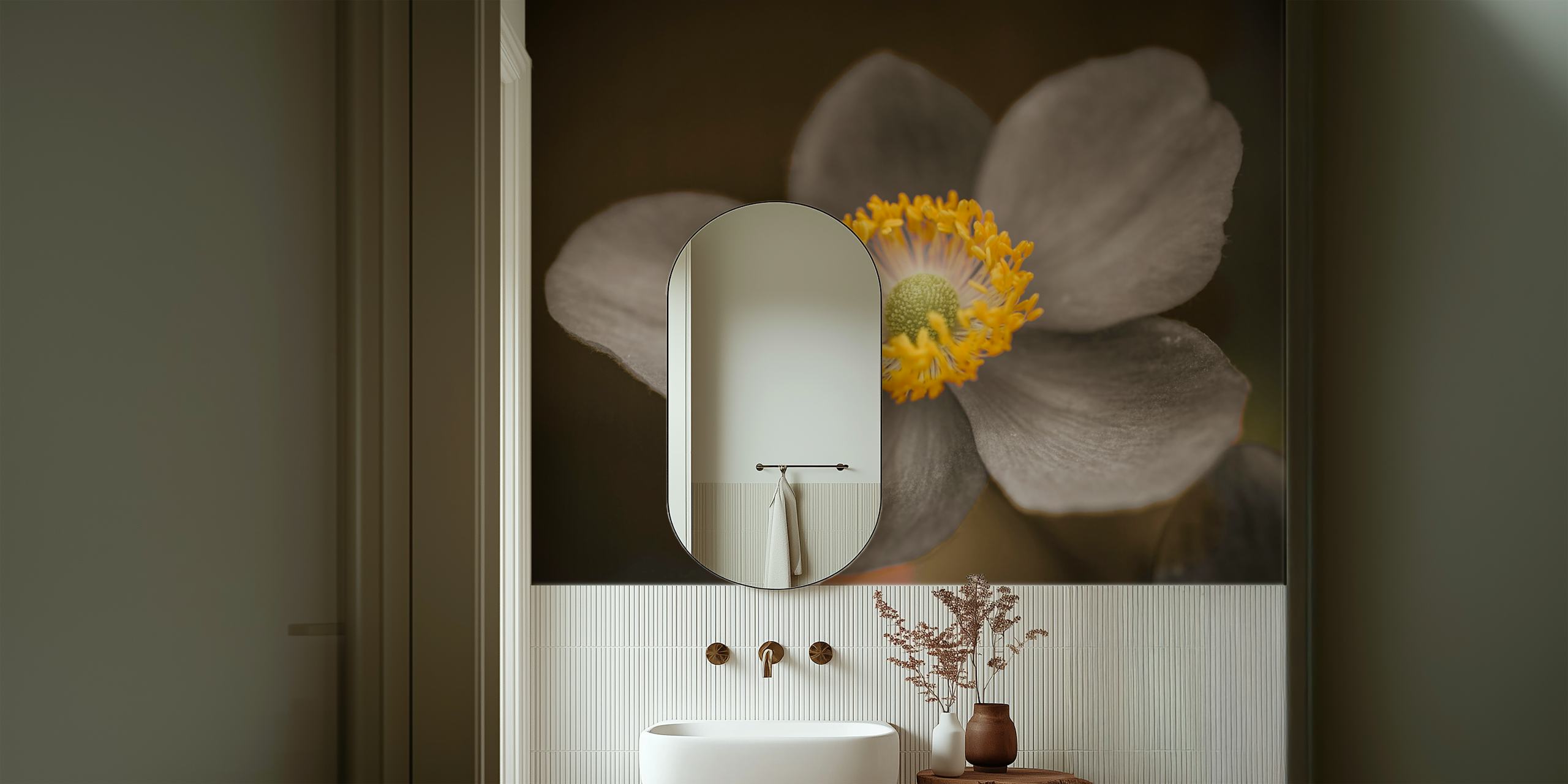 Gray floral wallpaper featuring an anemone flower with yellow and green details