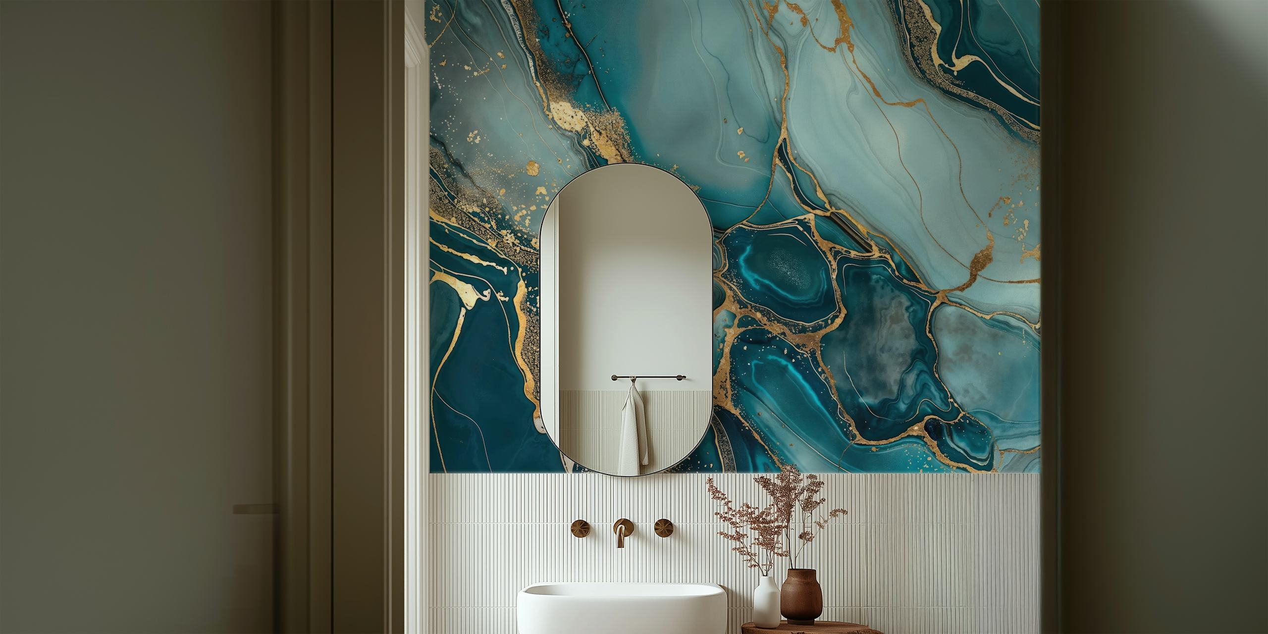 Teal and gold marble effect wallpaper with fluid patterns