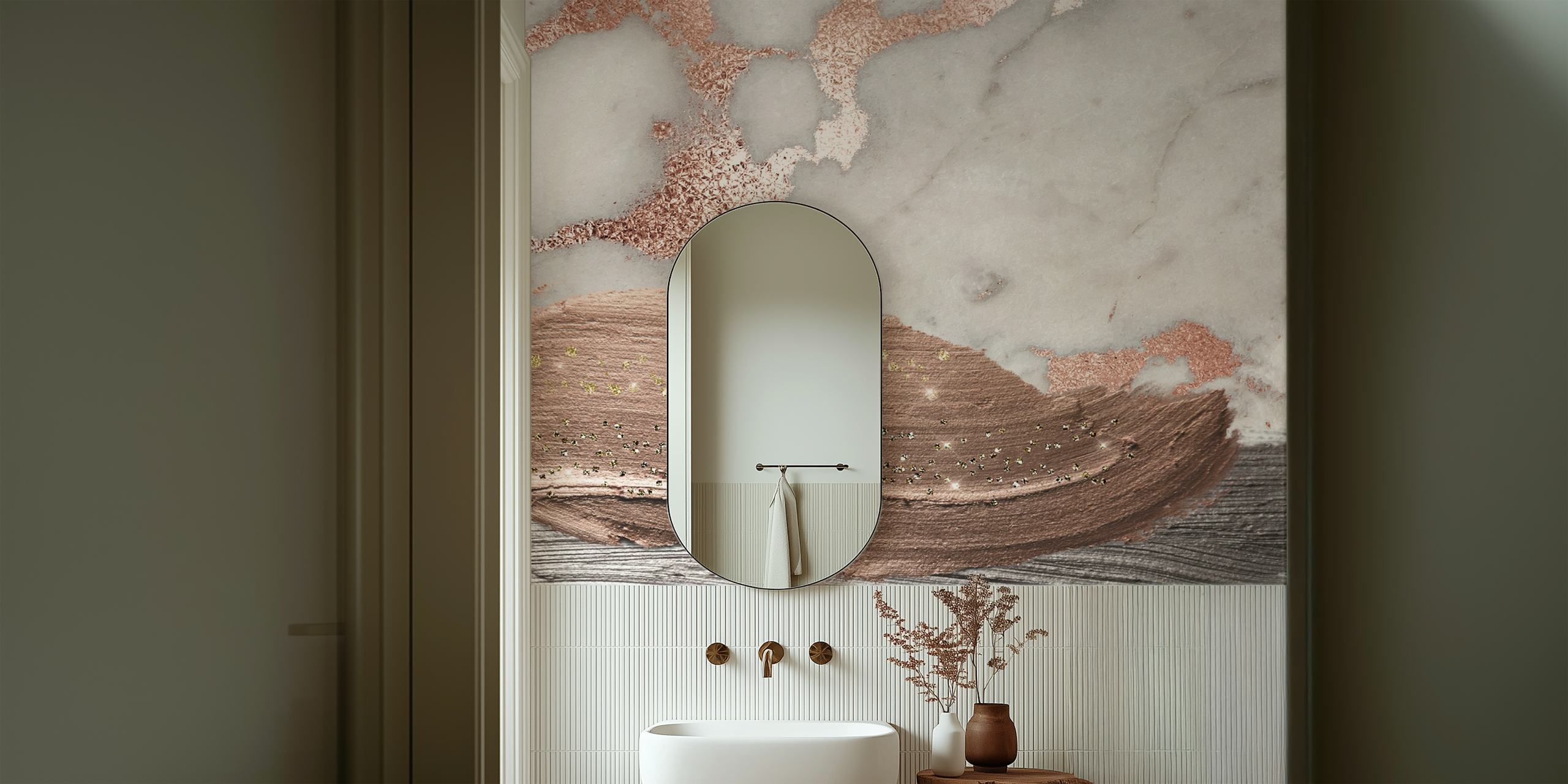 Papel pintado Marble Copper Blush en una habitación moderna