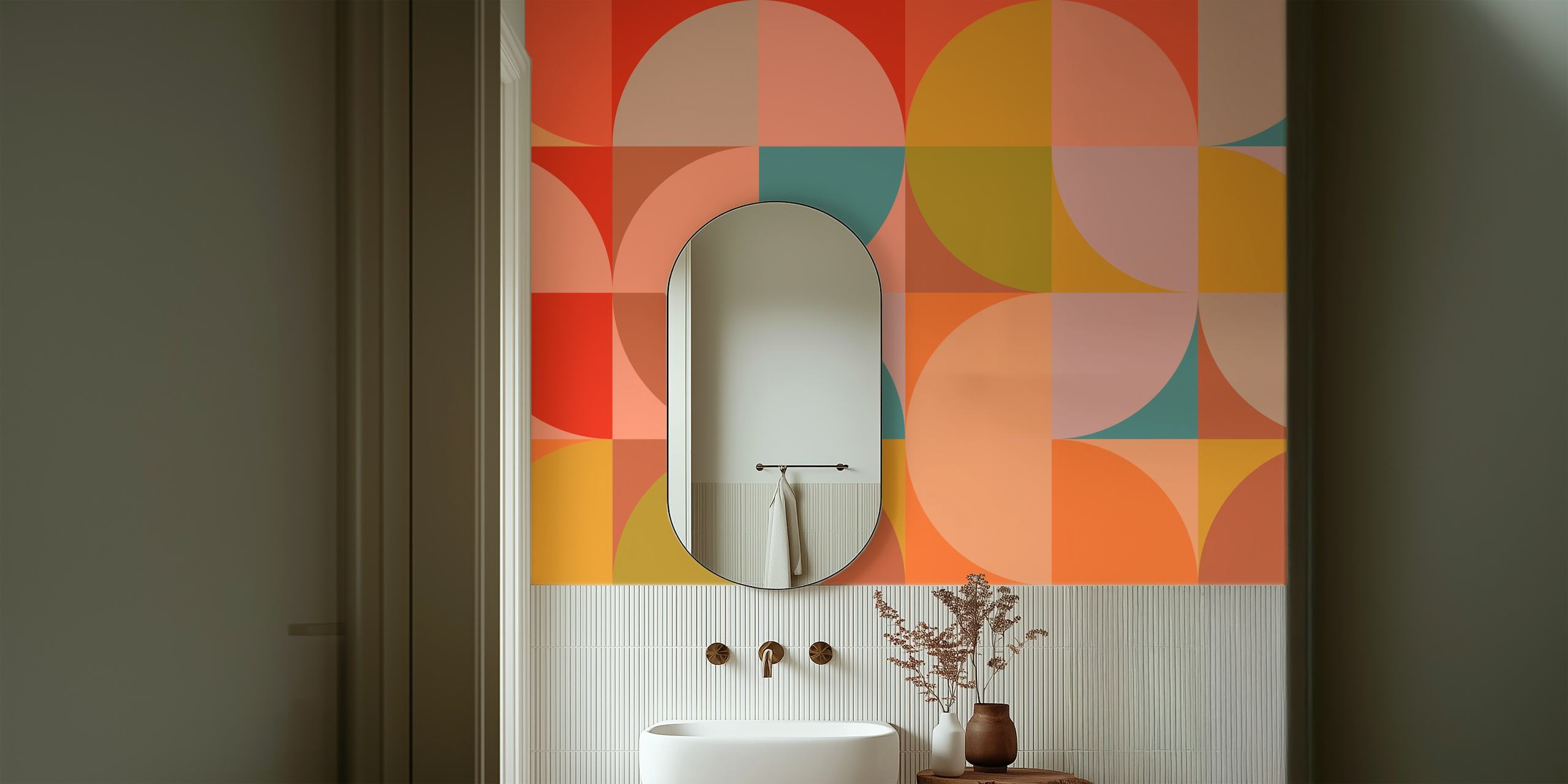 Bauhaus-inspired geometric pattern wall mural with mid-century color scheme