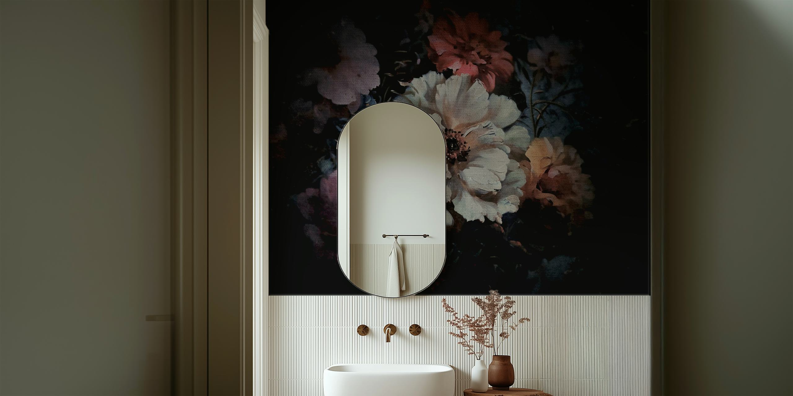 Moody Midnight Floral wallpaper displayed in a room