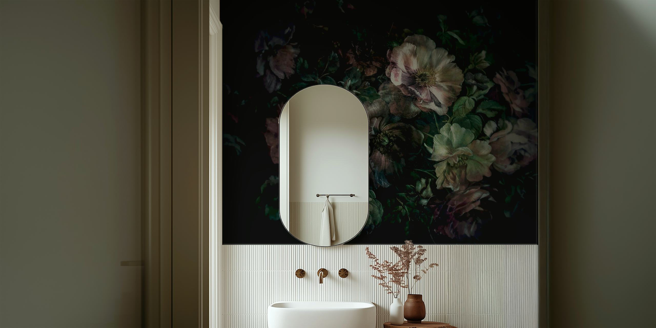 Dark floral wallpaper with muted flowers and leaves