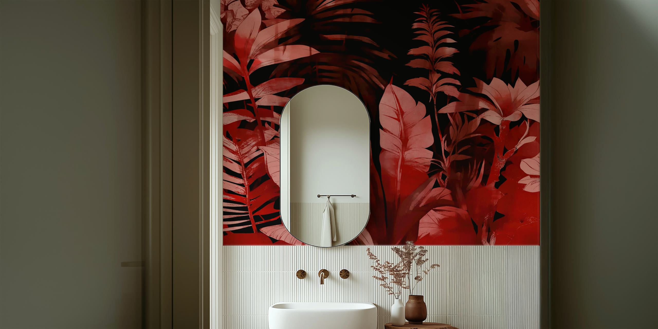 Moody botanical wall mural in deep red shades with lush foliage design