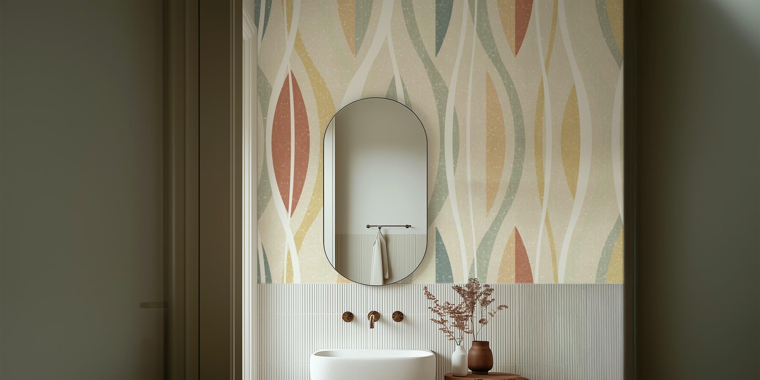 Malibu Air Earth Tone veggmaleri med bladlignende mønstre i beige, sienna og grønne toner.