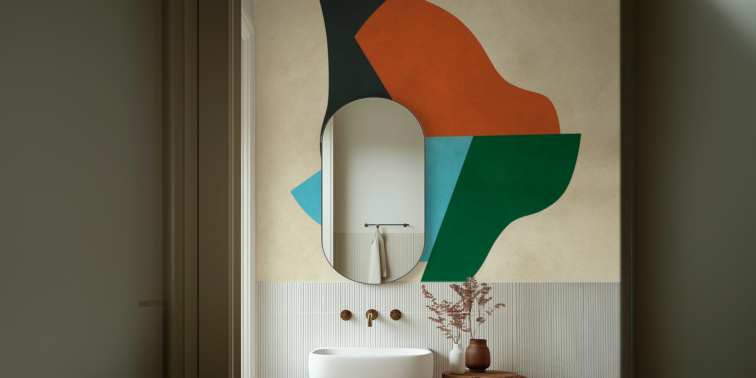 Abstract shapes in teal, black, brown, and green wallpaper