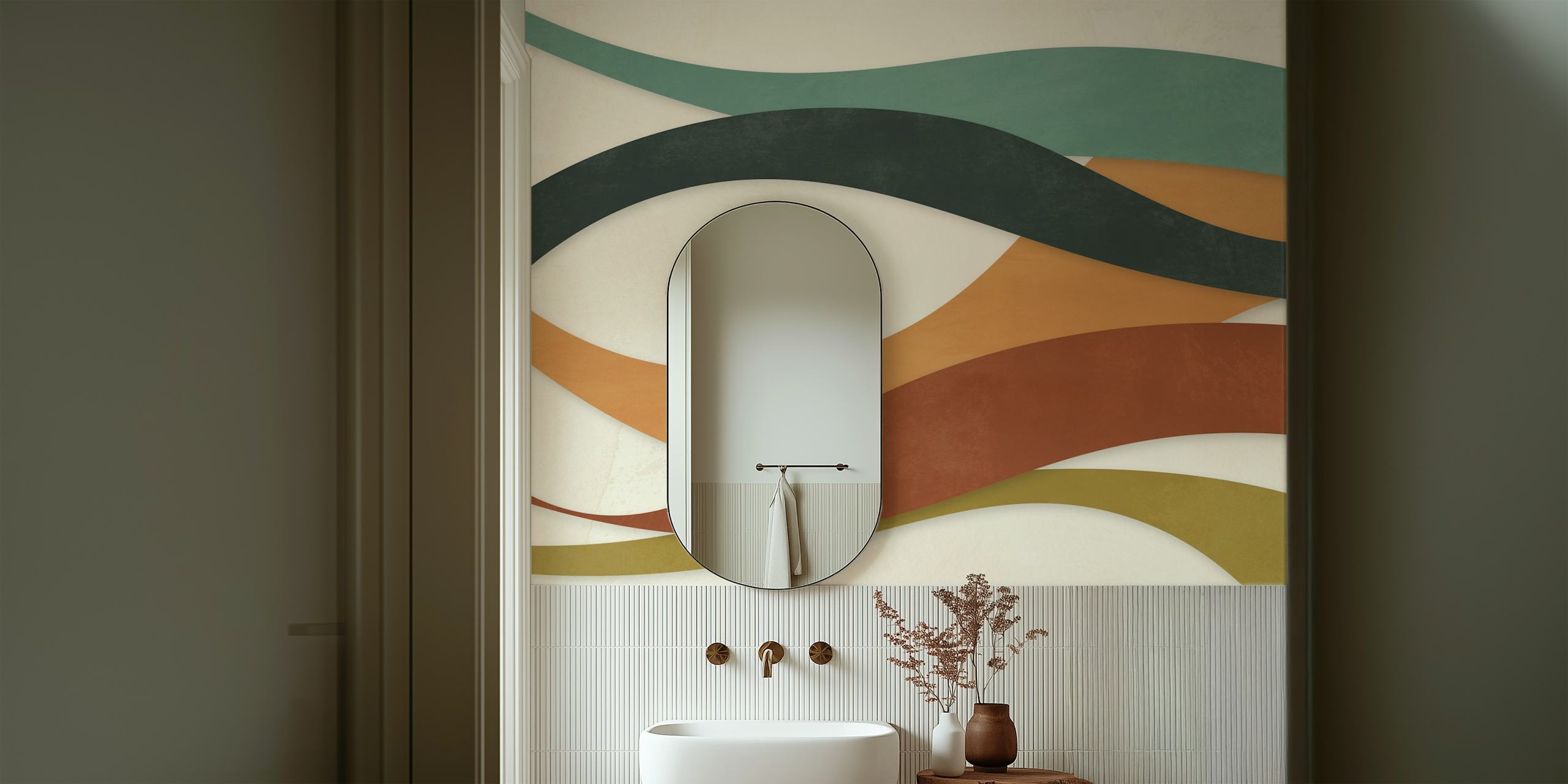 Abstract flowing lines in teal, green, orange, and brown wallpaper