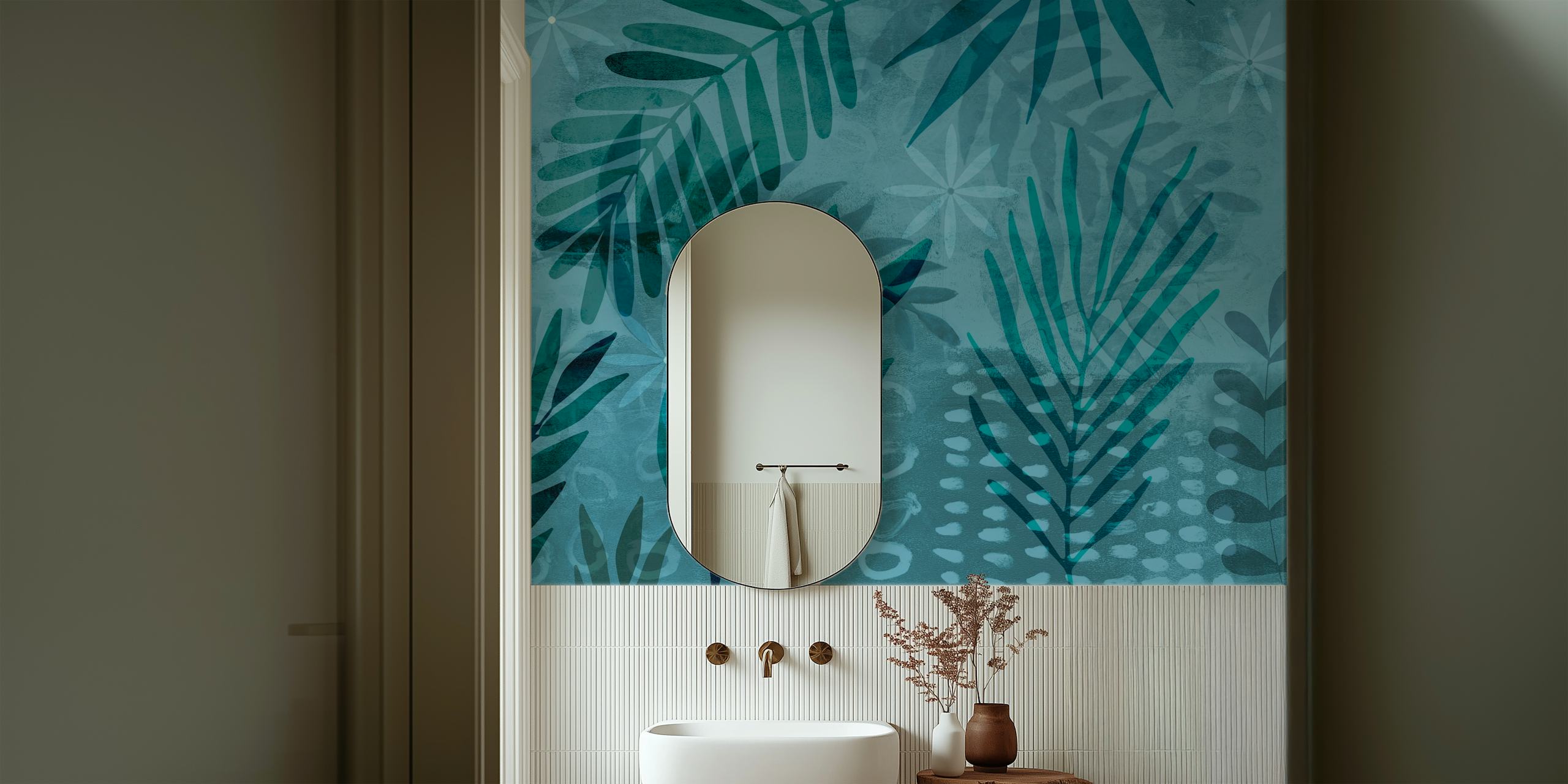 Palm Leaf Collage Mix Turquoise Teal tapet i et rom