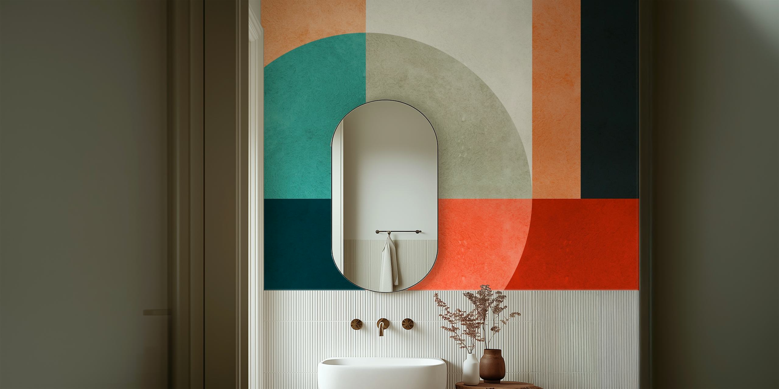 Geometric shapes in warm earth tones: terracotta, teal, and cream wallpaper