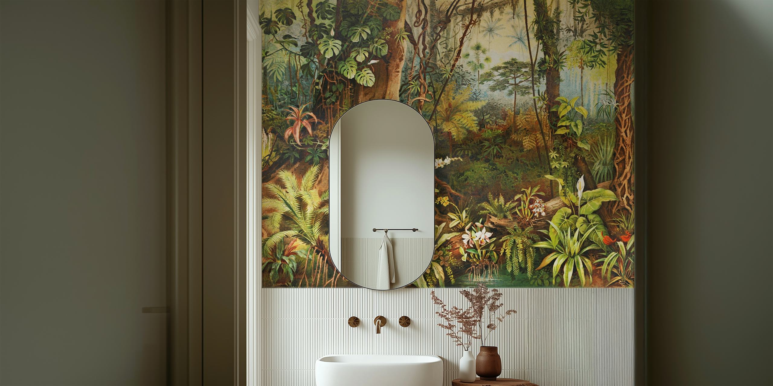 Lush jungle scene with tropical plants and vibrant flowers wallpaper