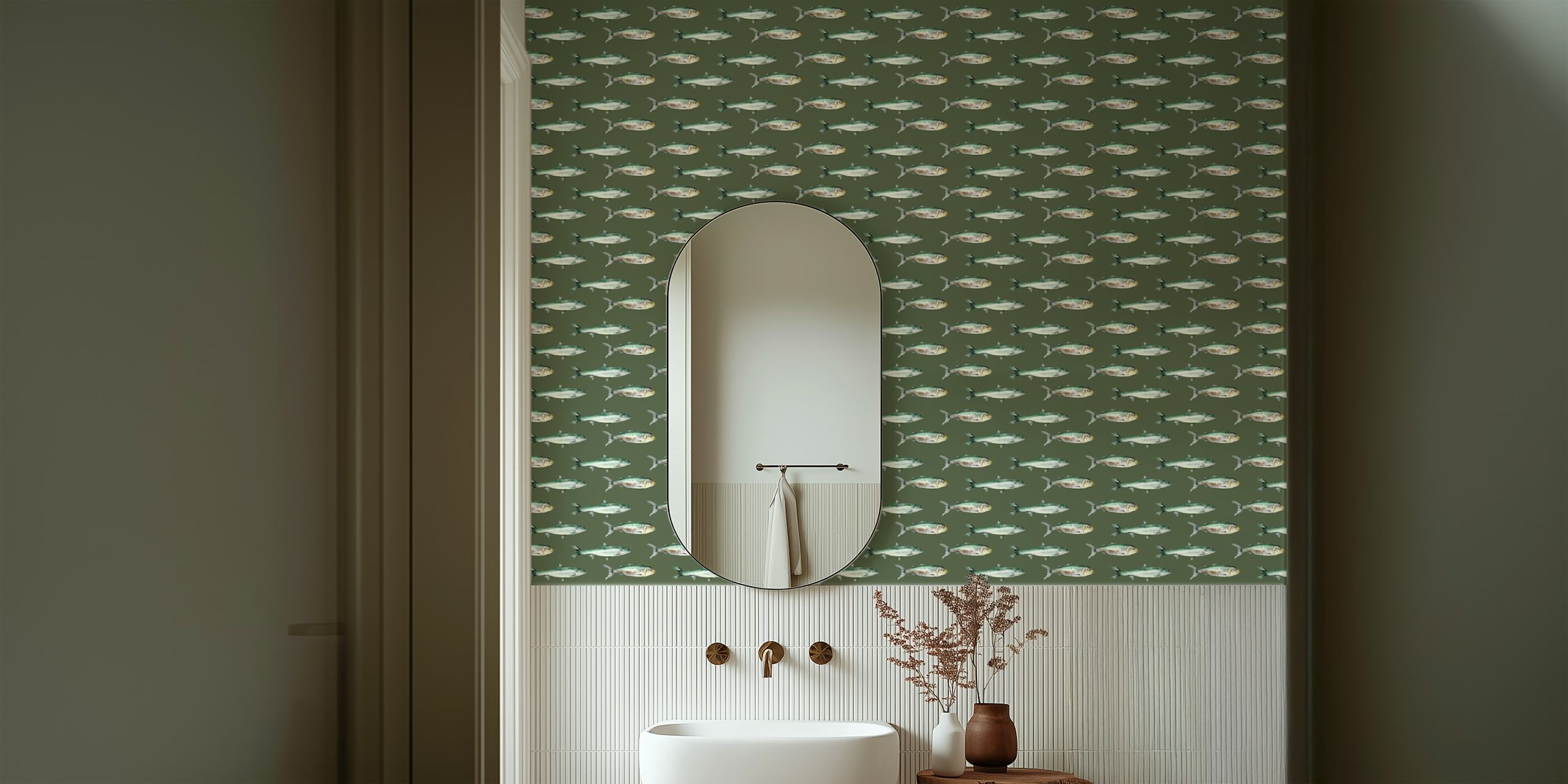 Green fish pattern wallpaper featuring various fish designs