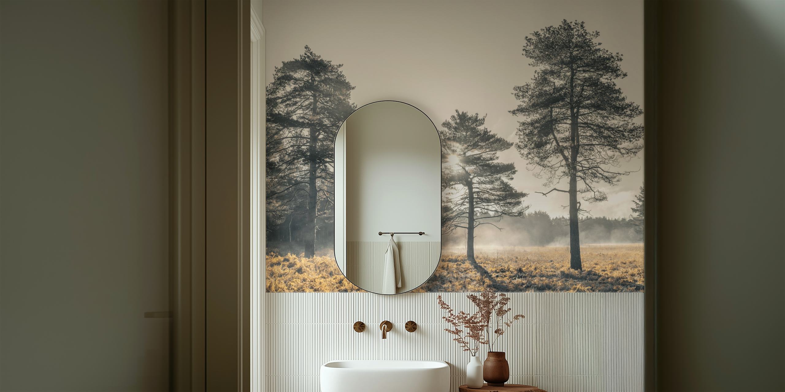 Black and white trees and mist in a forest wallpaper