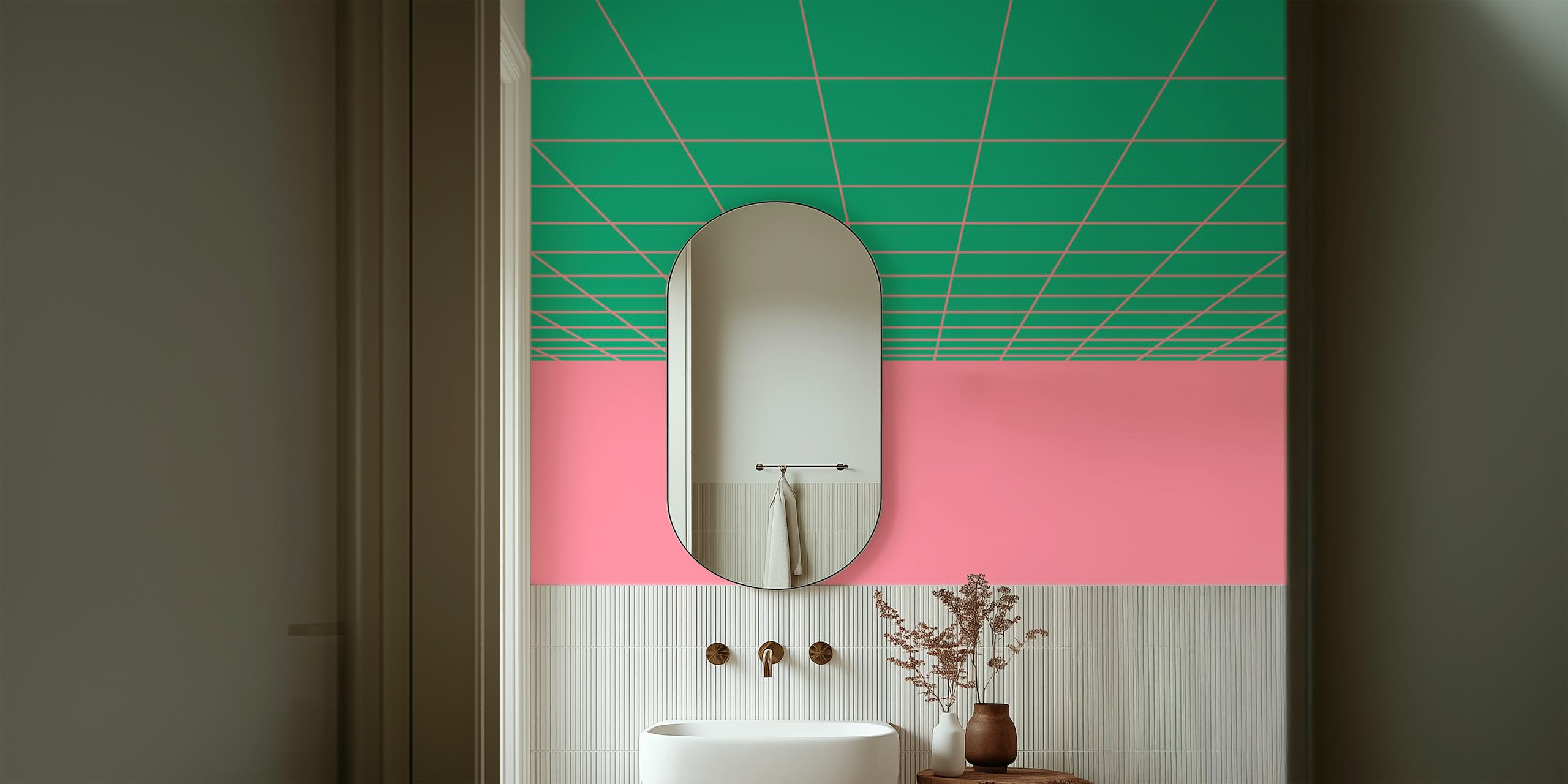 Geometric green and pink grid design wallpaper
