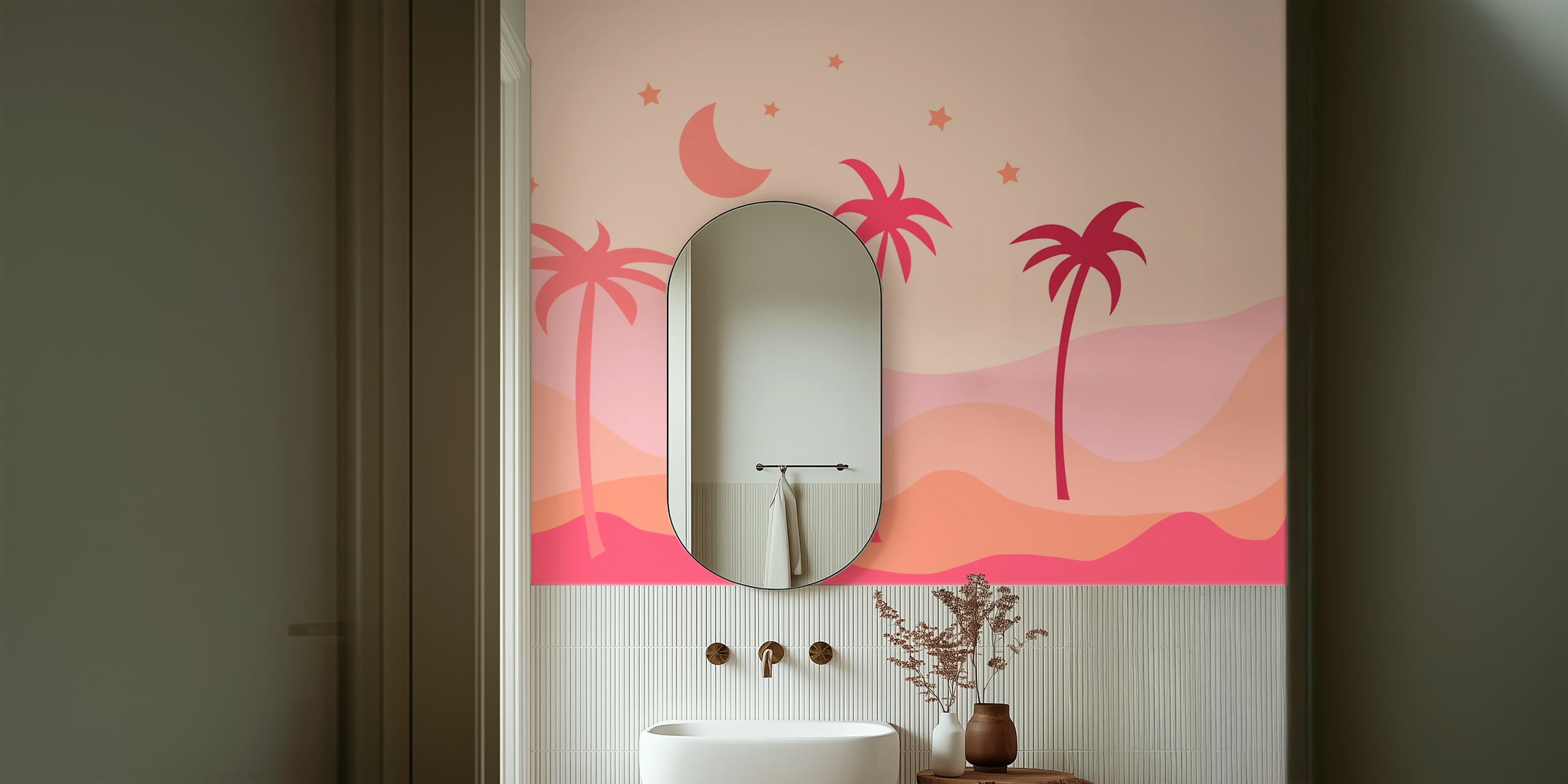 Minimalist pink landscape with palm trees and stars wallpaper
