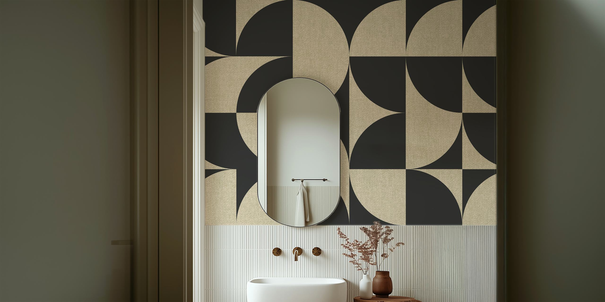 Papel de parede Mid-Century Muted Geometric Art em um quarto