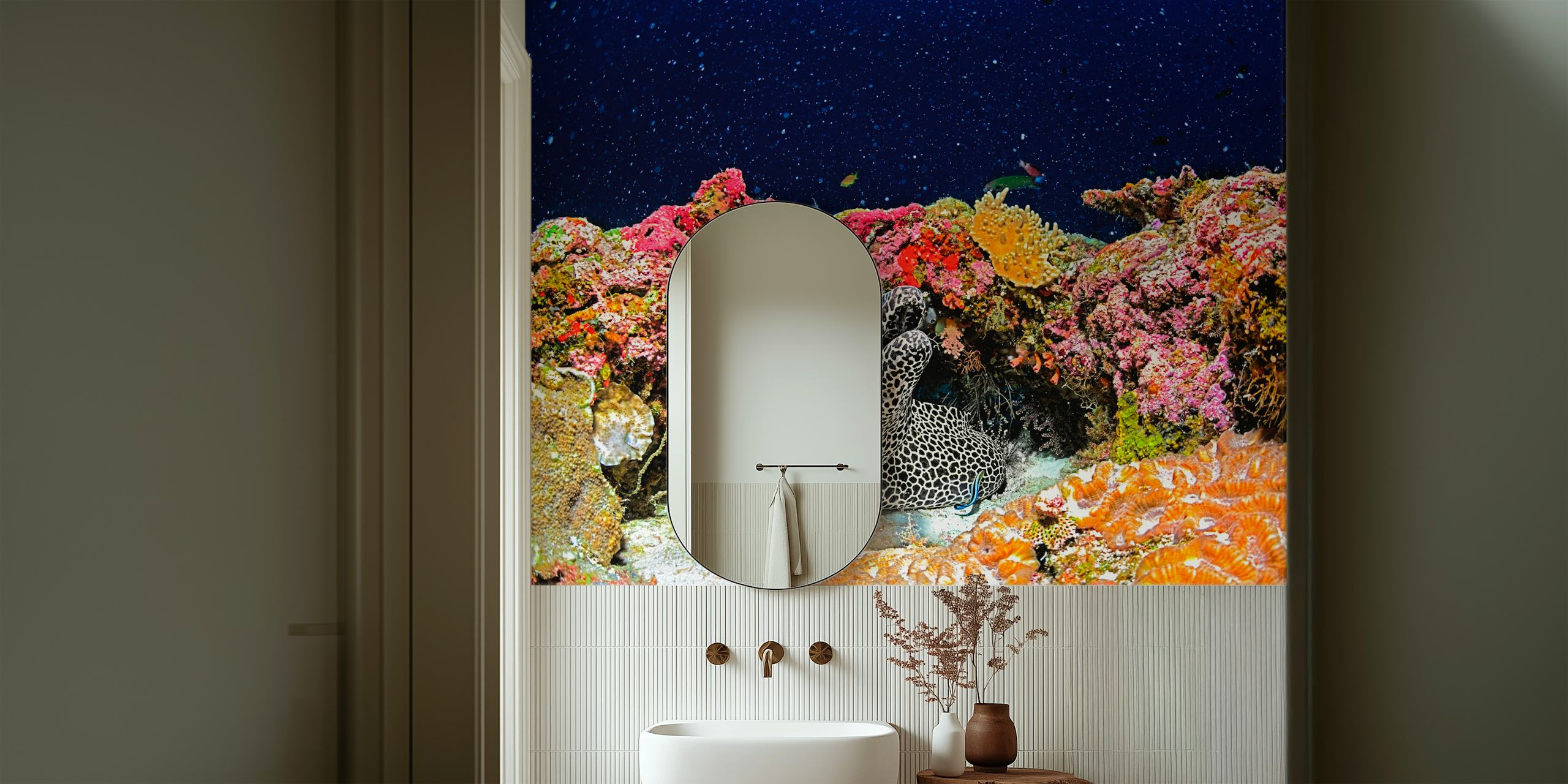 Under the Star wall mural featuring a moray eel and coral reef.