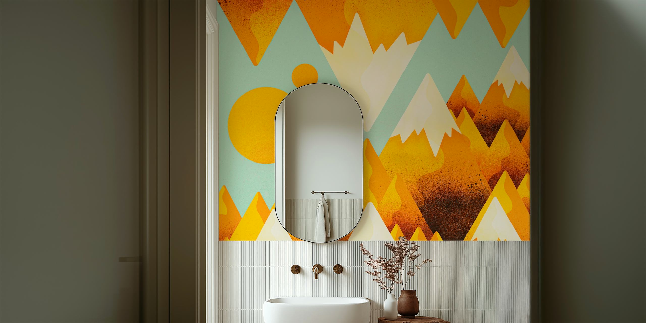 Yellow mountain peaks with white tips against a teal background wallpaper