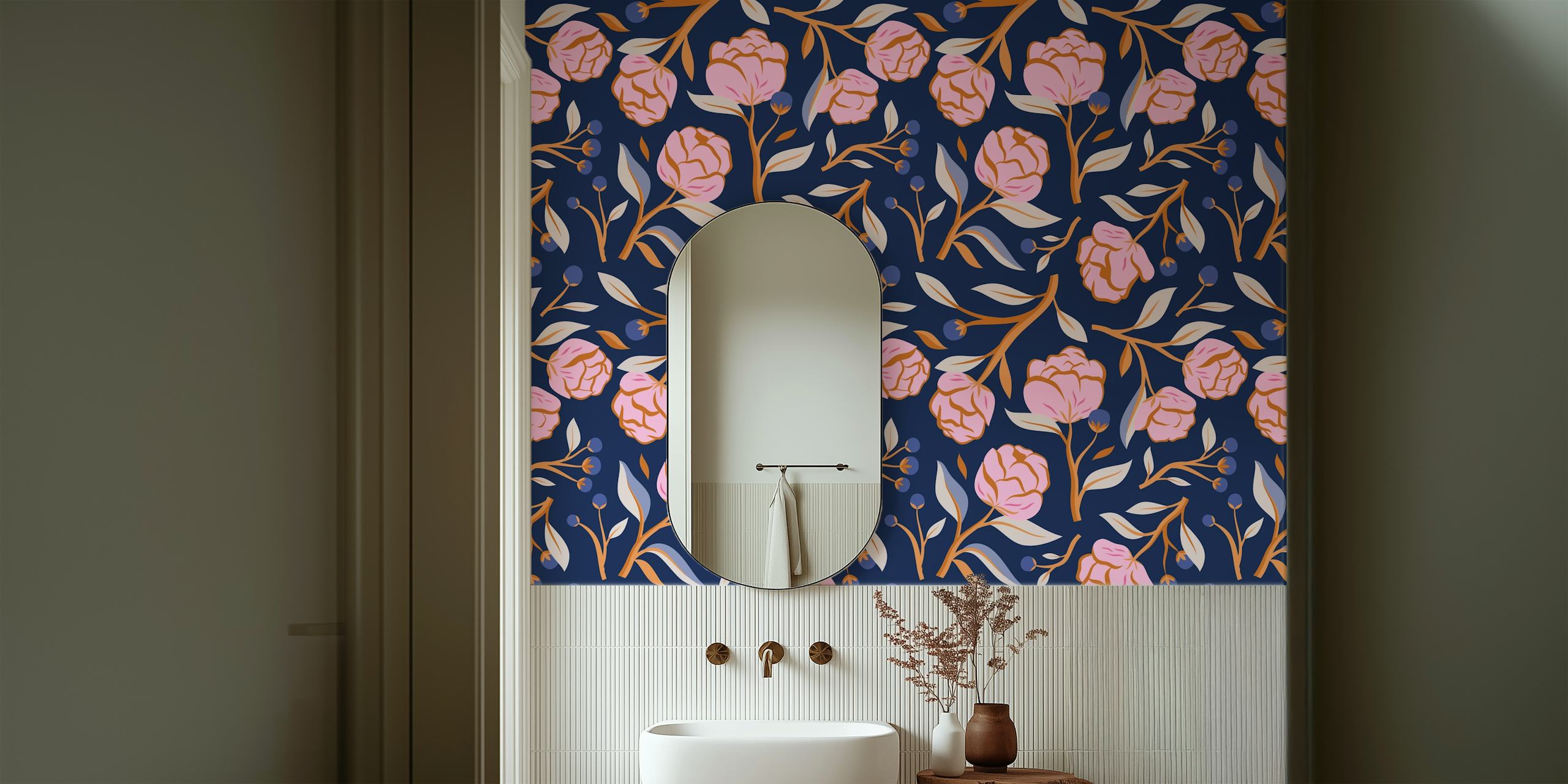 Mural de parede Peony Pop Blue com flores de peônia rosa em fundo marinho