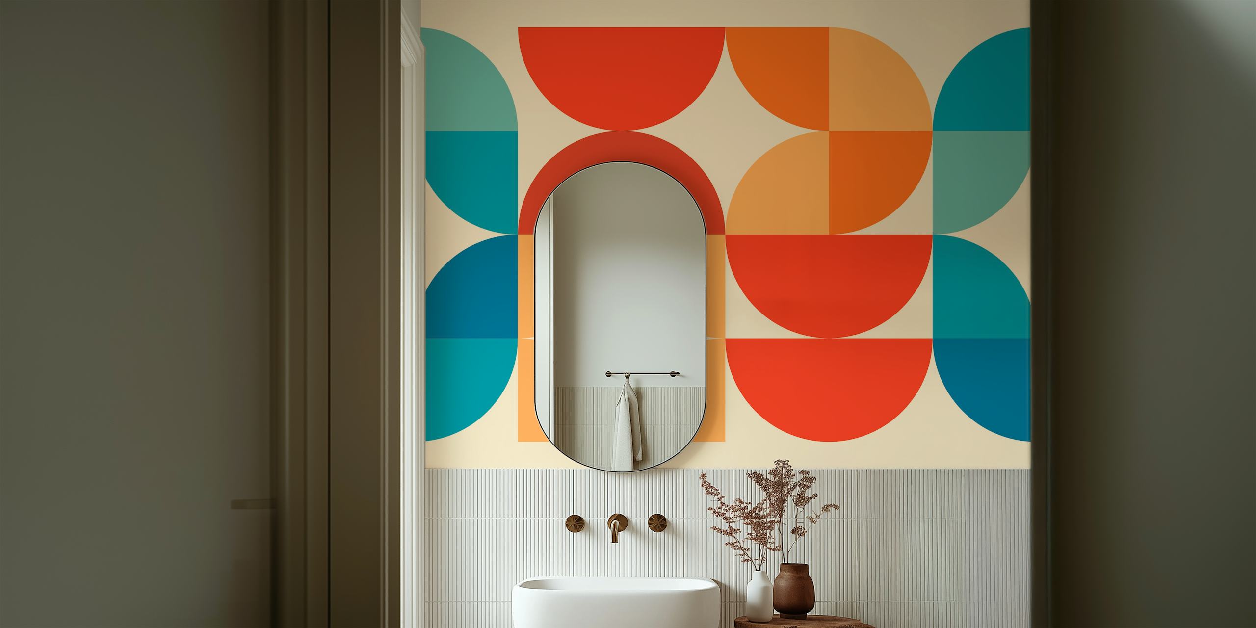 Geometric shapes in red, orange, blue, and teal on a beige background wallpaper