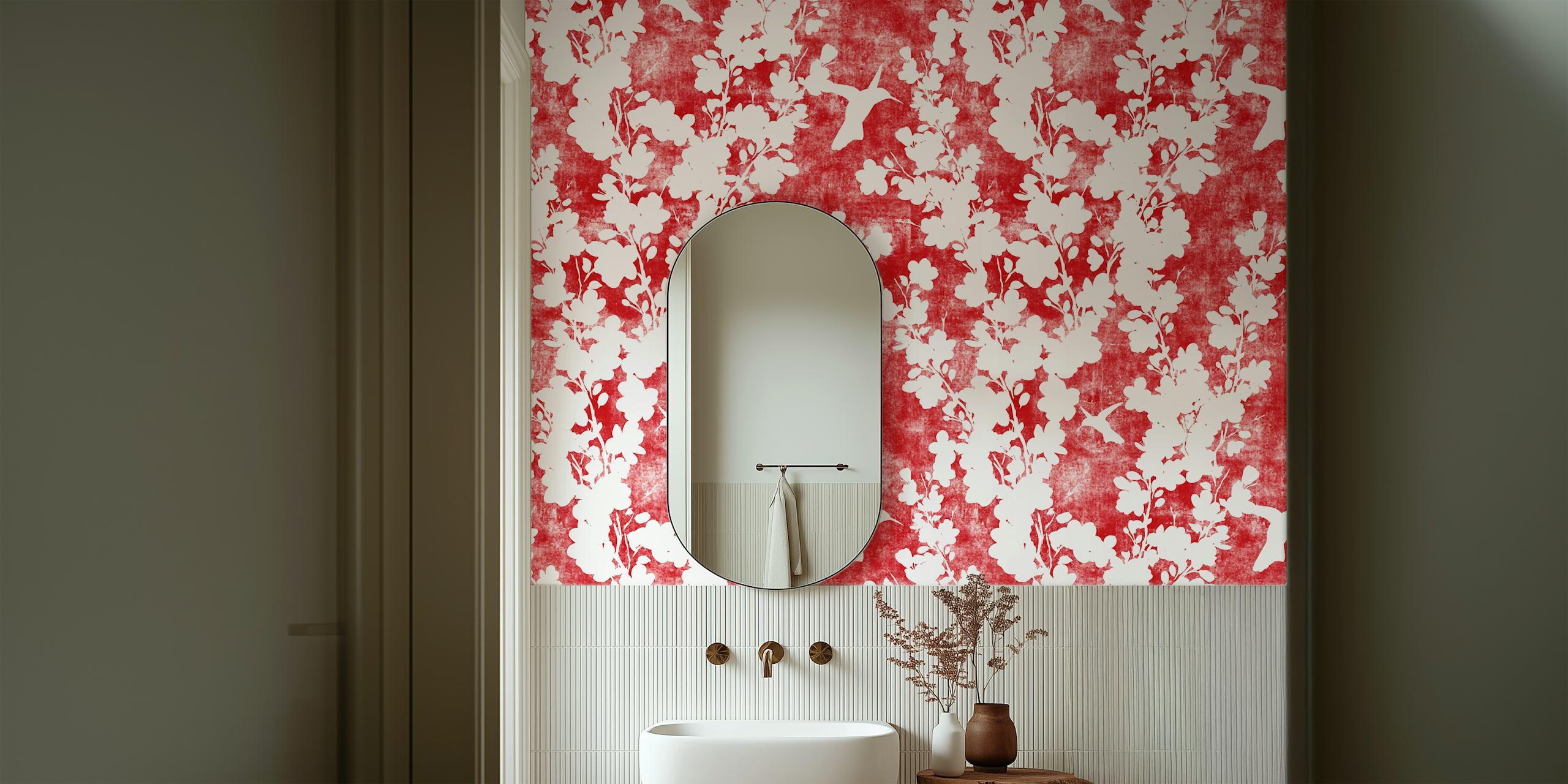 Scarlet red background with white cherry blossom silhouette pattern wall mural