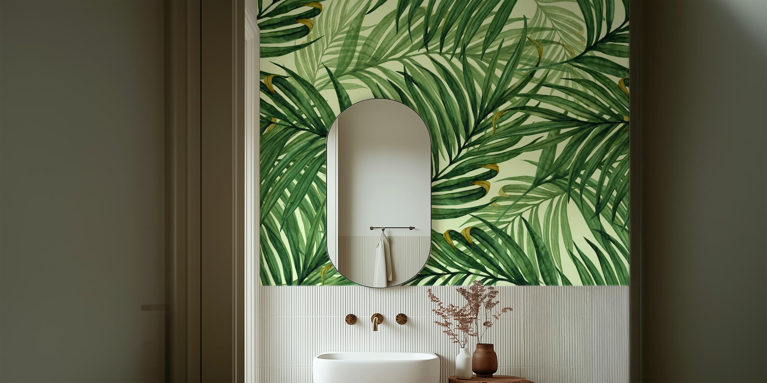 Tropical palm leaves in green hues wallpaper
